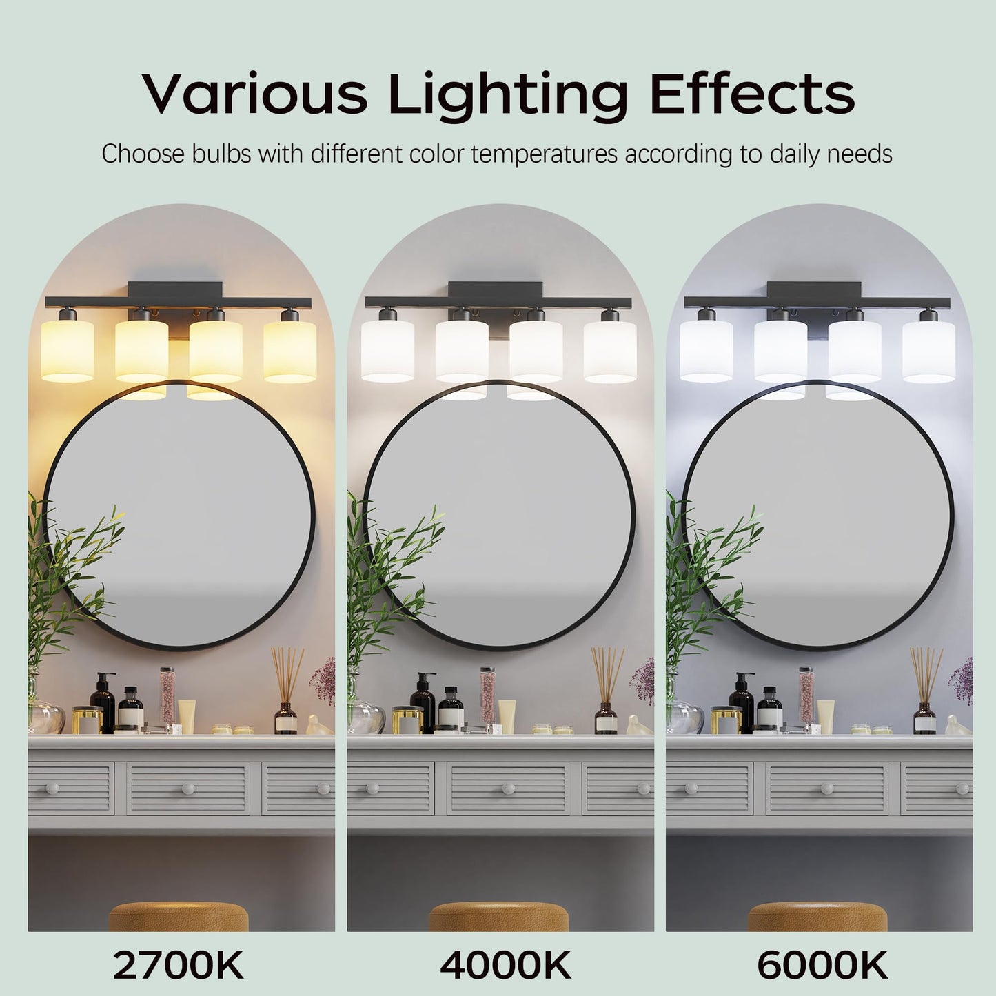 PARTPHONER Classic Vanity Lights, Modern Bathroom Vanity Light with Textured White Glass Shade, Matte Black, 4-Light