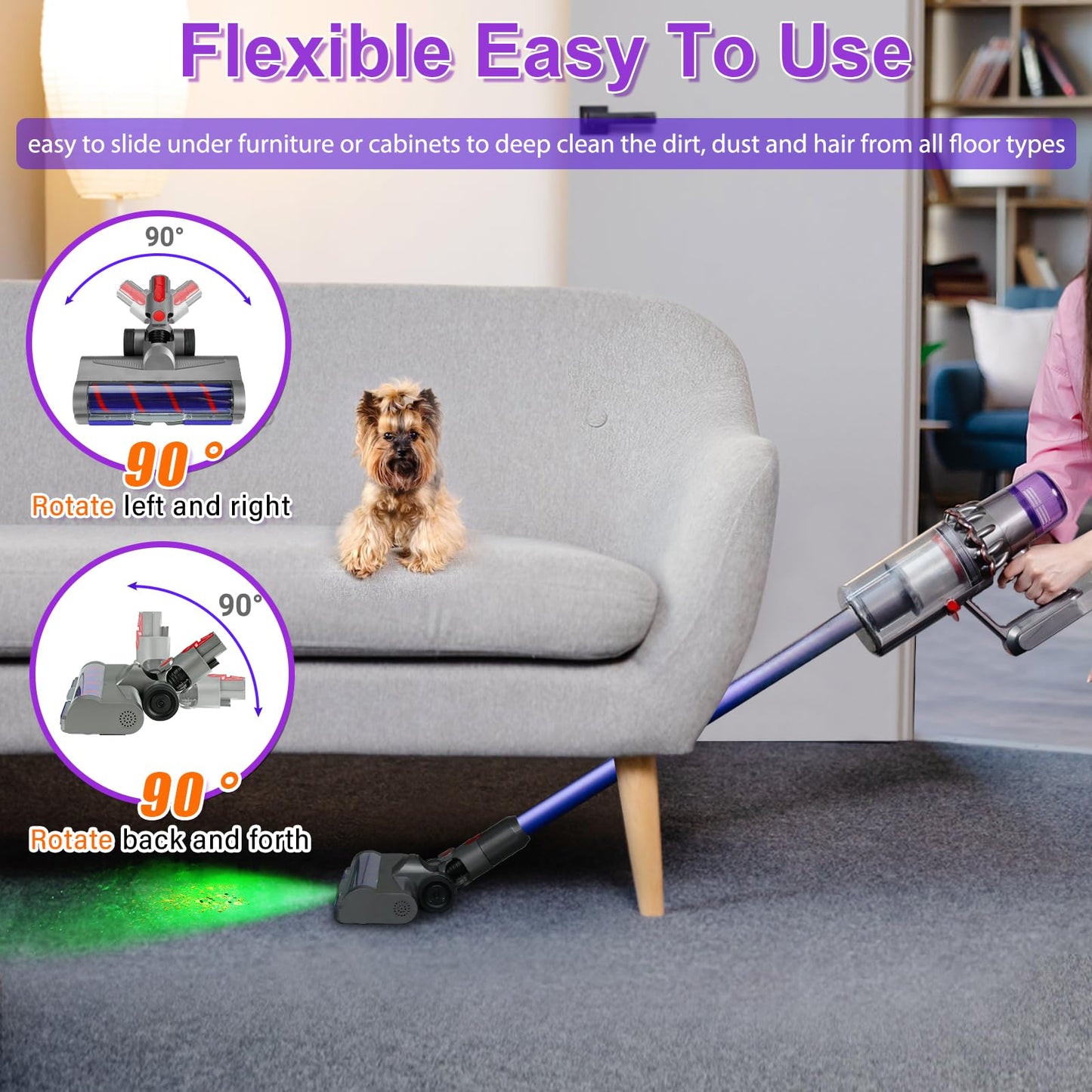 Lemige LED Green Light Head Replacement Parts for Dyson V7 V8 V10 V11 V15 Cordless Vacuum Cleaner, Quick Release LED Light Attachments, Anti-Tangle and Soft Brush Roller for Carpets, Rugs, Hard Floor