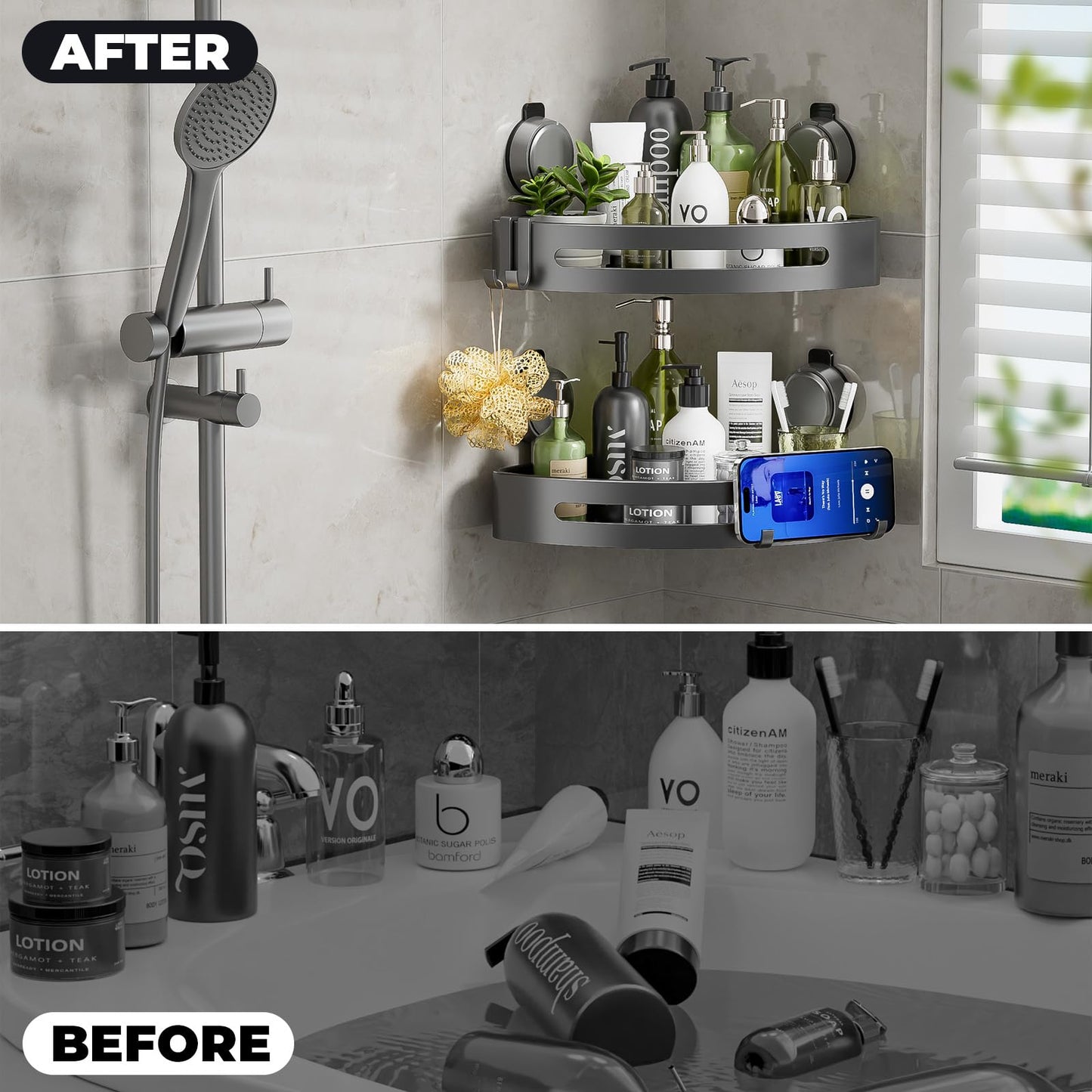 ONXE Corner Shower Caddy Suction Cup,Shower Shelves with Hooks,No Drilling Powerful Upgrade Suction Bathroom Corner Organizers and Storage,Removable Waterproof Rustproof Shower Shelf Bathroom Decor