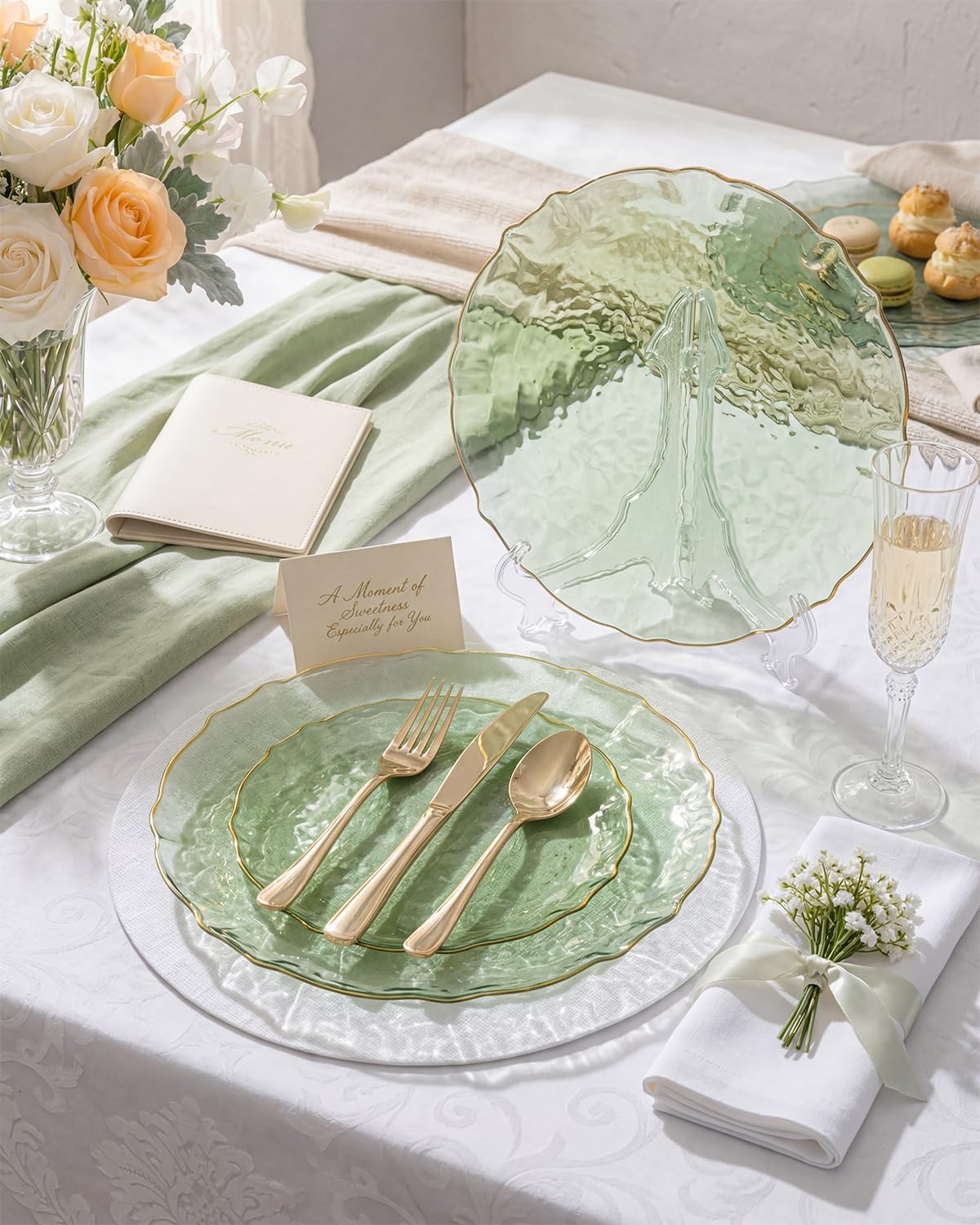 bUCLA 40PCS Sage Green Plastic Plates Disposable - Fancy Clear Hammered with Gold Lace-Edge - Include 20 Each (10inch Dinner & 7inch Dessert) Plates for Party, Birthday & Daily Use