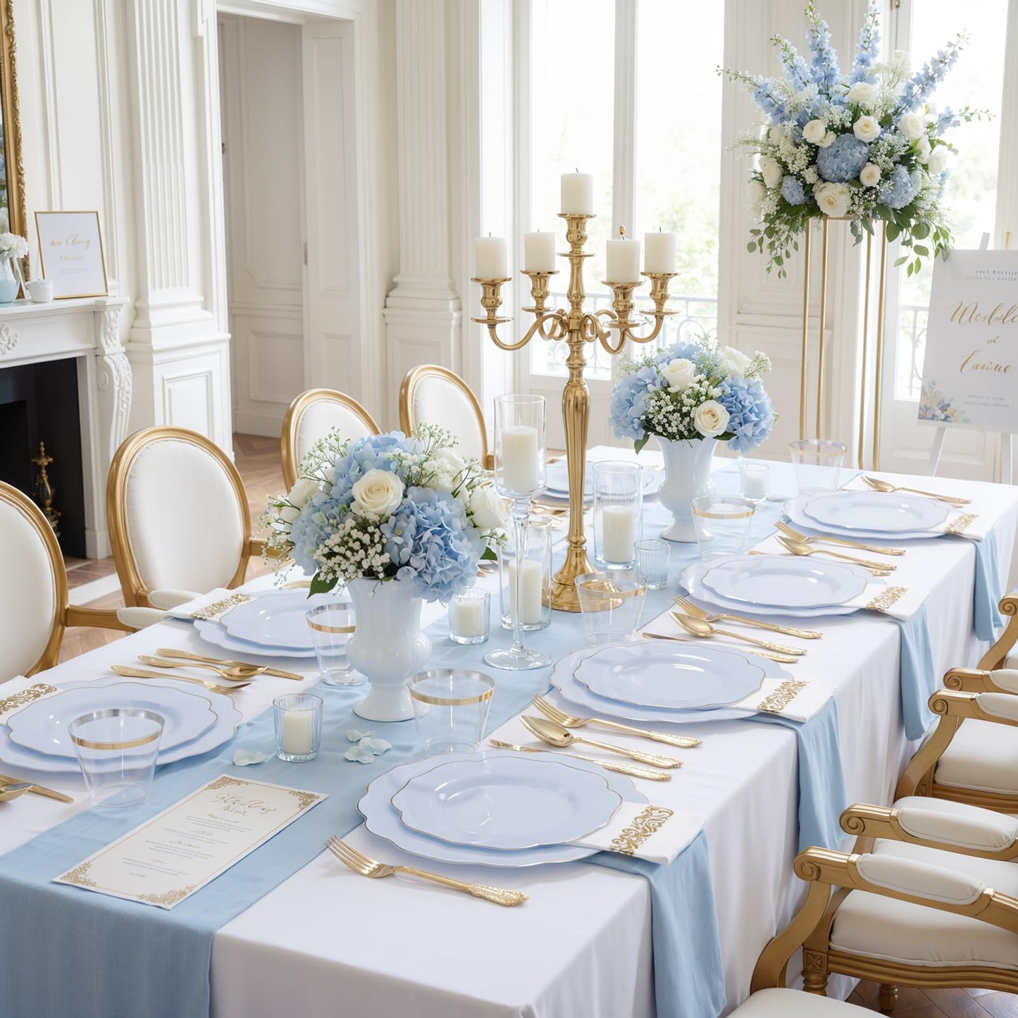 NOCCUR 175PCS Blue Plastic Plates with Gold Disposable Silverware - Include 50 Light Blue and Gold Plastic Plates,25 Knives,25 Forks,25 Spoons,25 Cups and 25 Napkins - Baby Shower/Party/Spring/Wedding