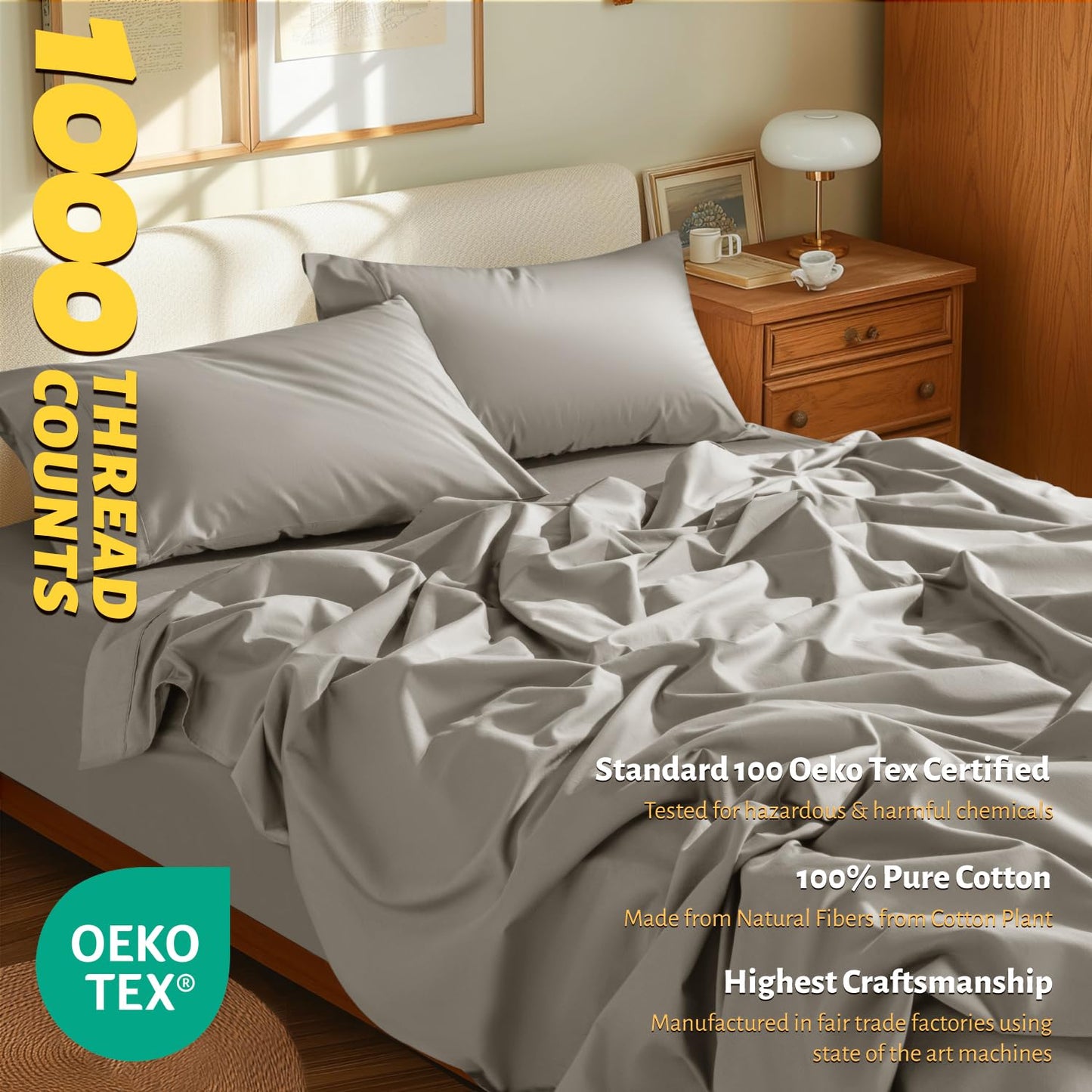Shilucheng 100% Egyptian Cotton Queen Size Sheets Set - 1000 Thread Count，Luxury Cotton Bed Sheets，Breathable & Cooling Bedding and Pillow Cases, 16 Inch Deep Pocket - 4 Piece (Taupe, Queen)