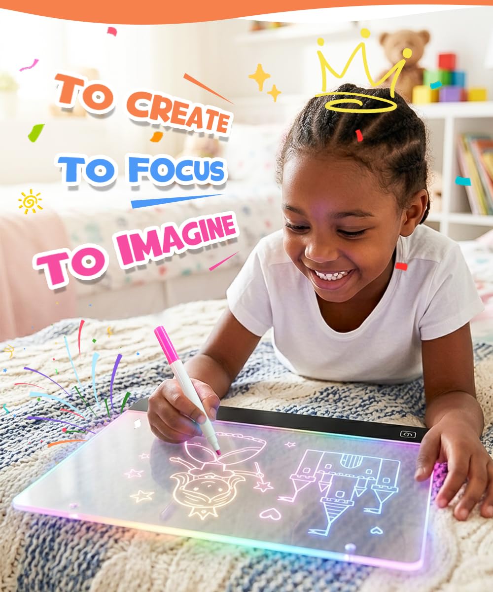 Rechargeable LED Drawing Board for Girls, 10" Glow Doodle Pad, 45H Long Last, 4 Modes Neon Light Up Coloring Tablet with 7 Pens, Princess Art Craft Set, Birthday Gift, Toys for Girl 4 5 6 7 8 Year Old