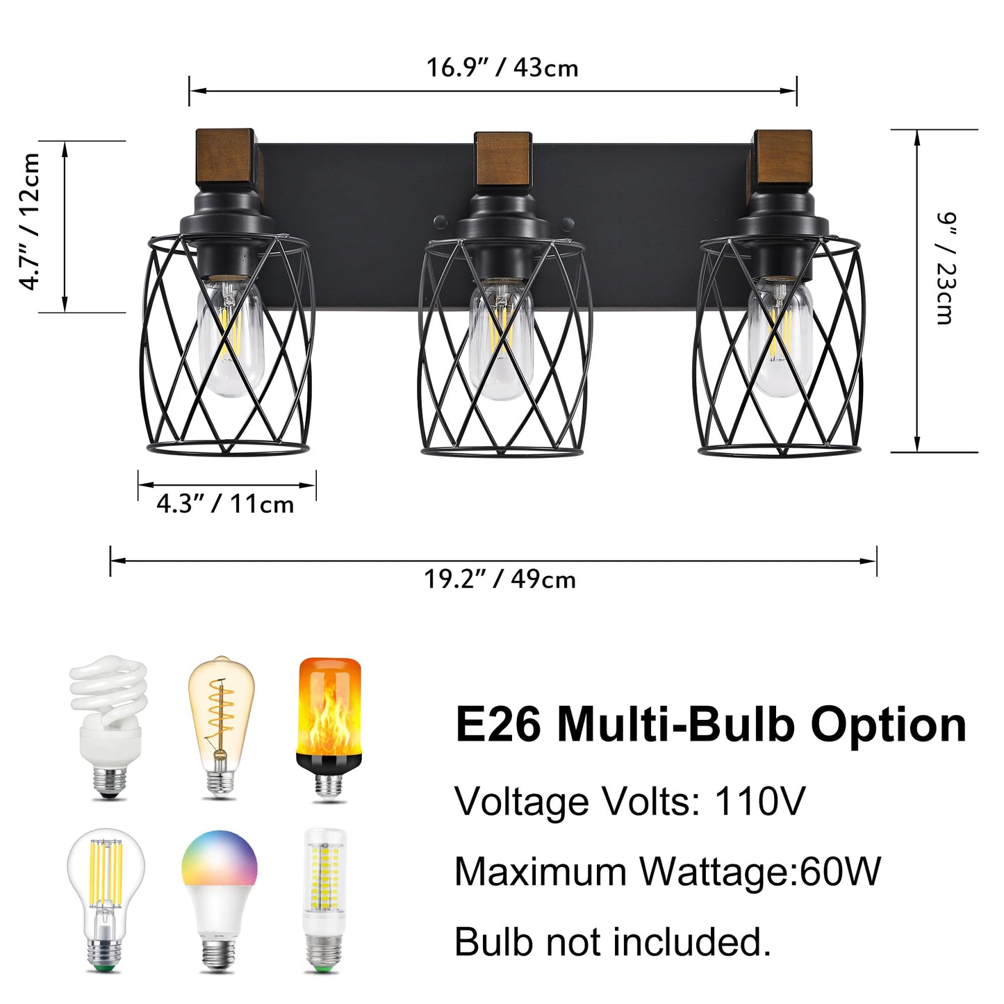 XvmBvm Farmhouse Bathroom Vanity Light, 3-Light Wood Bathroom Light Fixtures Over Mirror, Black Industrial Vanity Lights with Metal Shade, Rustic Bathrooms Lighting for Living Room, Bedroom, Hallway