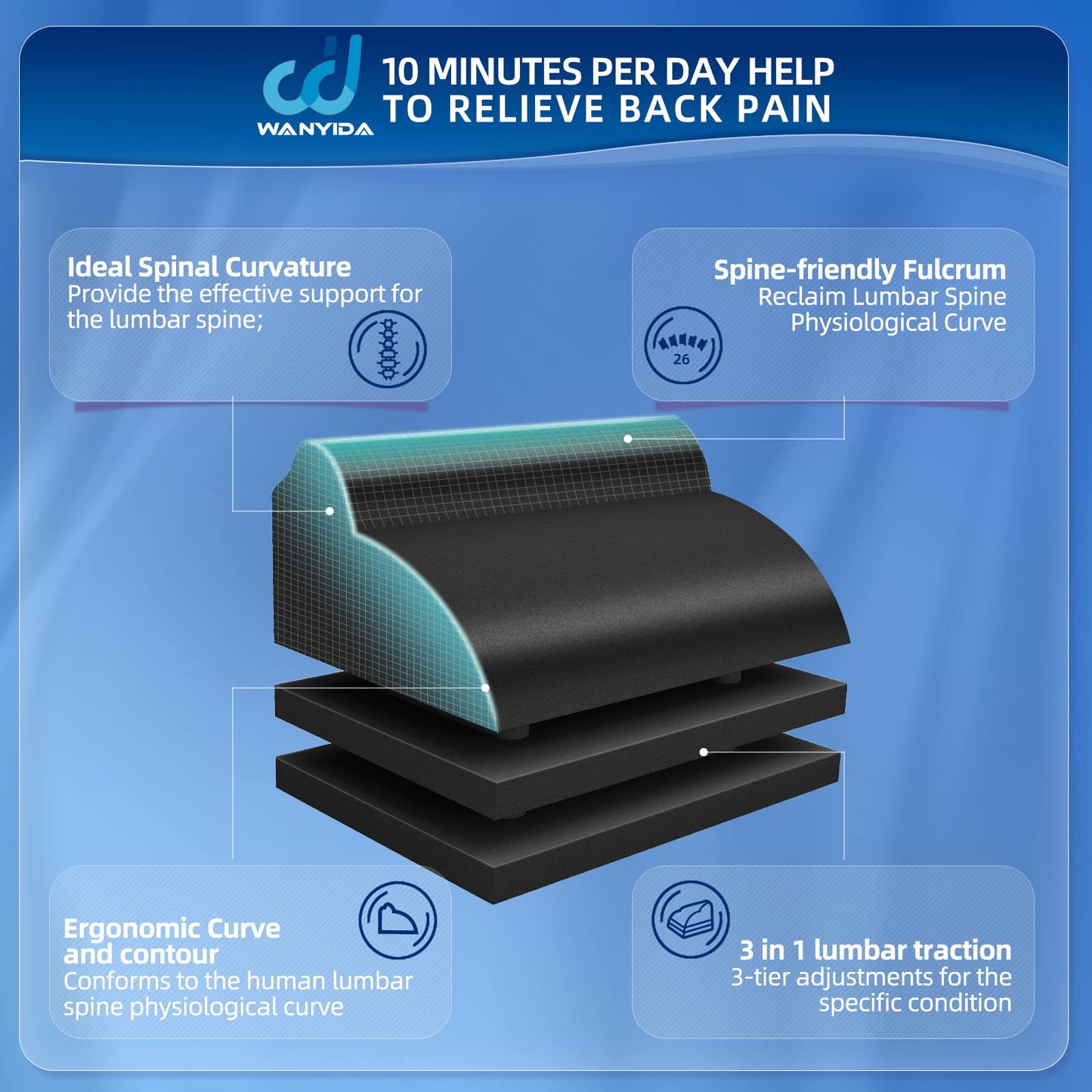 WANYIDA Lumbar Orthotic Traction Roll Device, Lower Back Stretcher for Pain relief, Back Traction for Lumbar Decompression, 3 Height Adjustable Lumbar Stretcher, Chiropractic