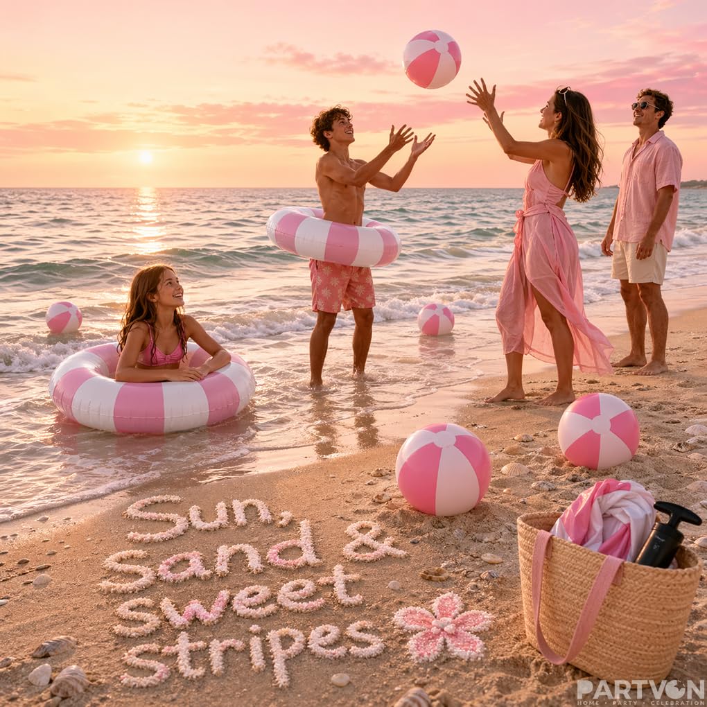 8Pcs Inflatable Pool Float Set Includes 2Pcs 22.8" Swim Ring & 6Pcs 16" Beach Ball Bulk PVC Summer Water Toys for Swimming Pool Beach Hawaiian Tropical Party Favors Decorations Supplies (Pink)