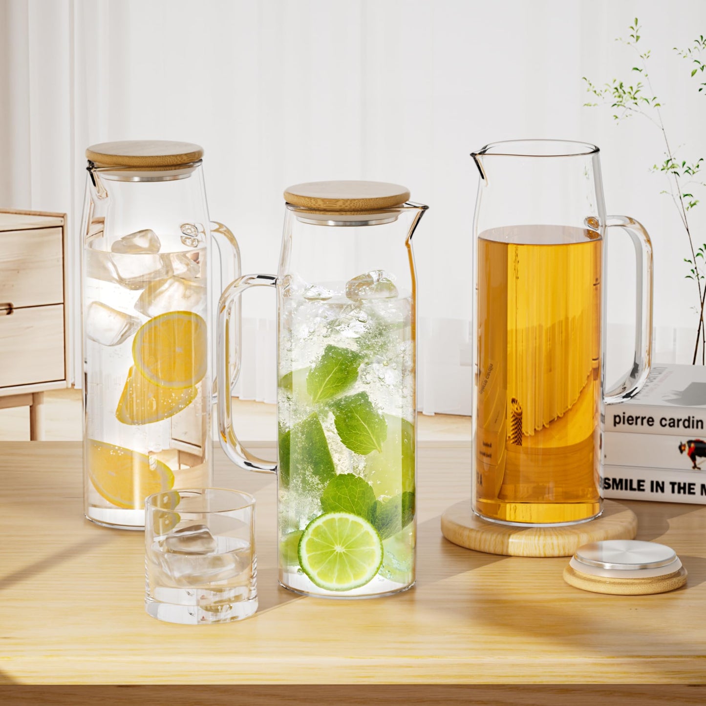 3 Sets Glass Pitcher with Lid, 50 oz / 1500 ml Water Carafe with Handles Hot Cold Beverage Water Jar Glass Jug (Bamboo lid)