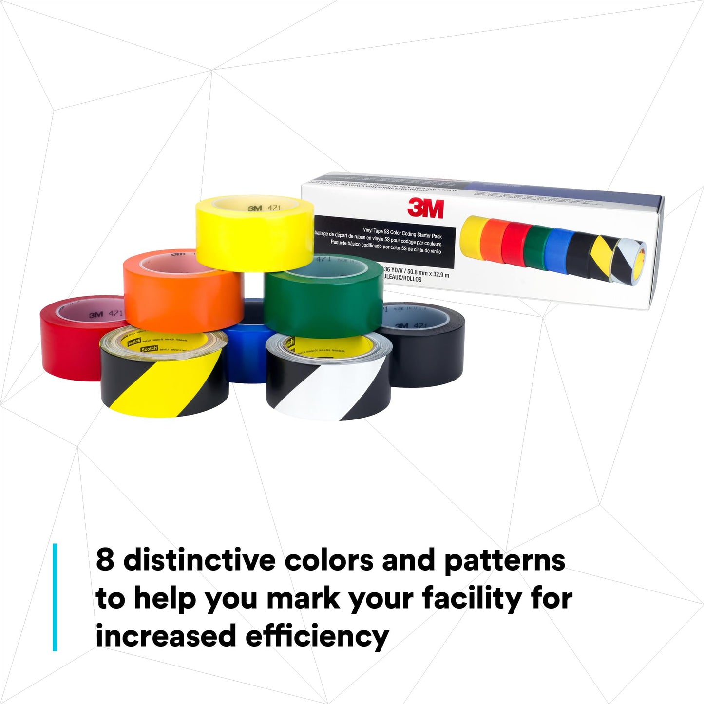 3M Caution and Safety Marking Vinyl Tape 5S Color Coding Pack - Variety Pack - High-Visibility, Colorful Hazard Marking - 8 Rolls/Case