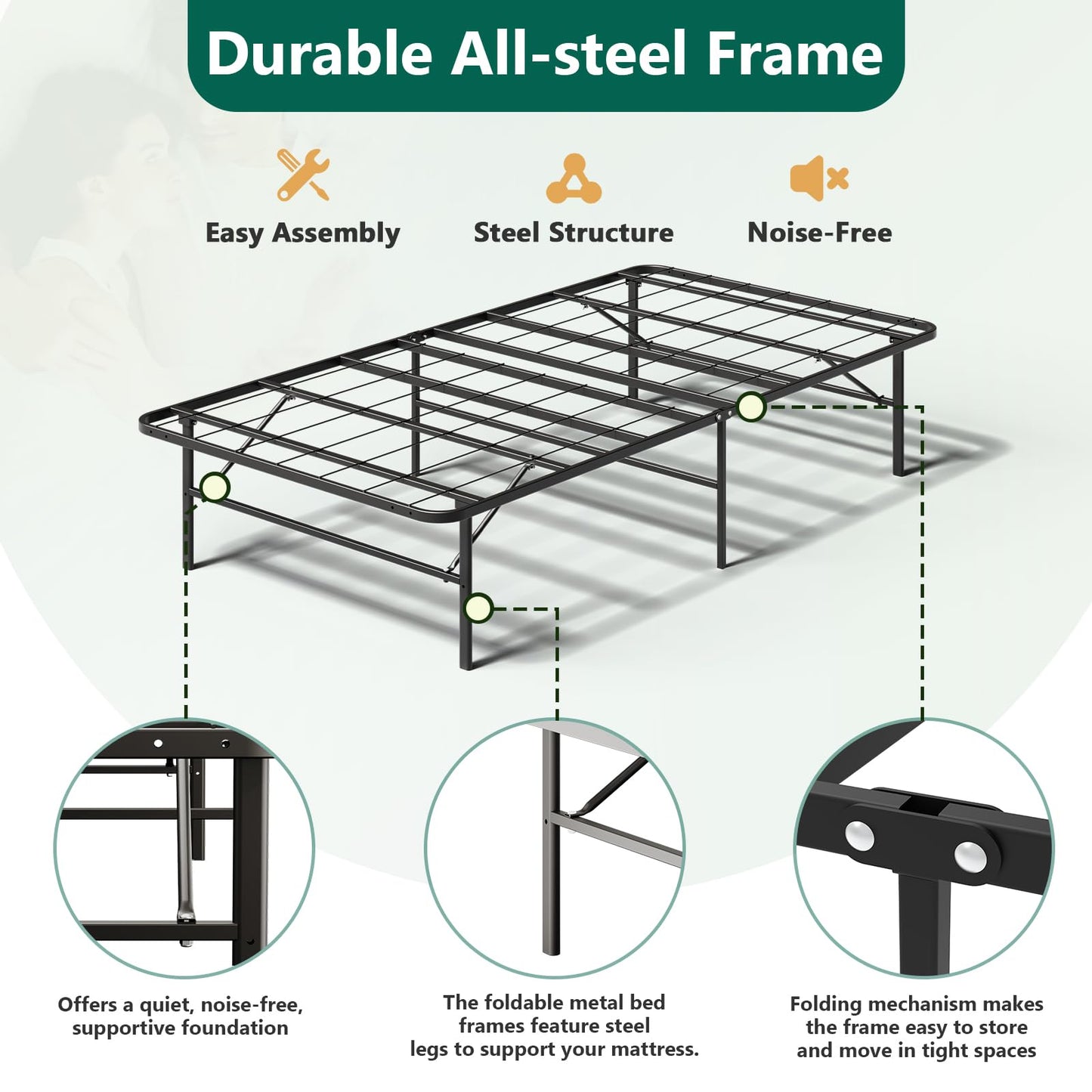 FurniEdge 14 Inch Foldable Twin Size Bed Frame, Heavy Duty Metal Platform Bed with Underbed Storage, Noise Free, Tool-Free Easy Assembly, No Box Spring Required