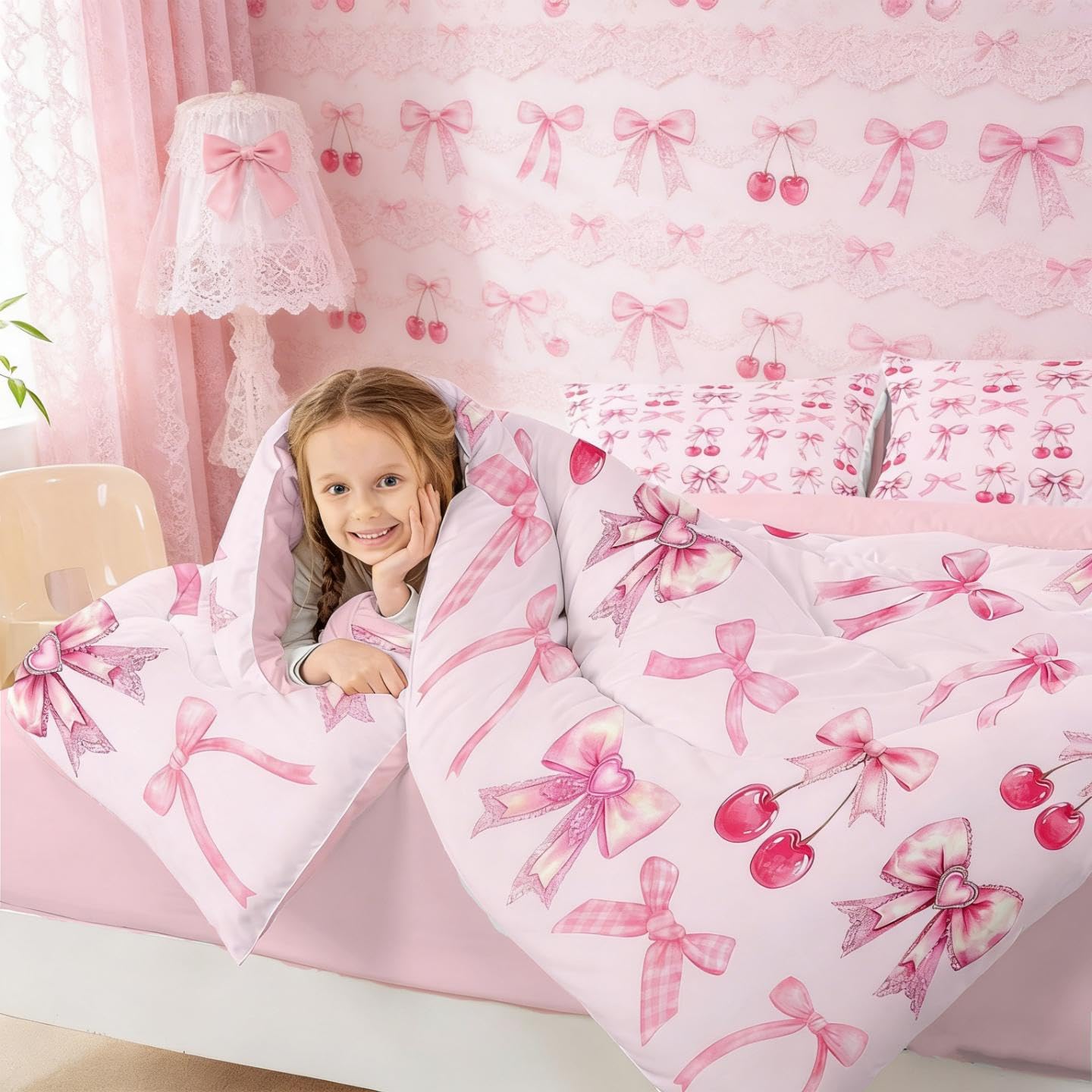 Pink Cherry Bow Twin Comforter Set for Girls 7 Piece Bed in a Bag,Cute Bowknot Reversible Twin Bedding Sets for Girls,Princess Bow Coquette Comforter and Sheet Set Girly Kawaii Room Decor Aesthetic
