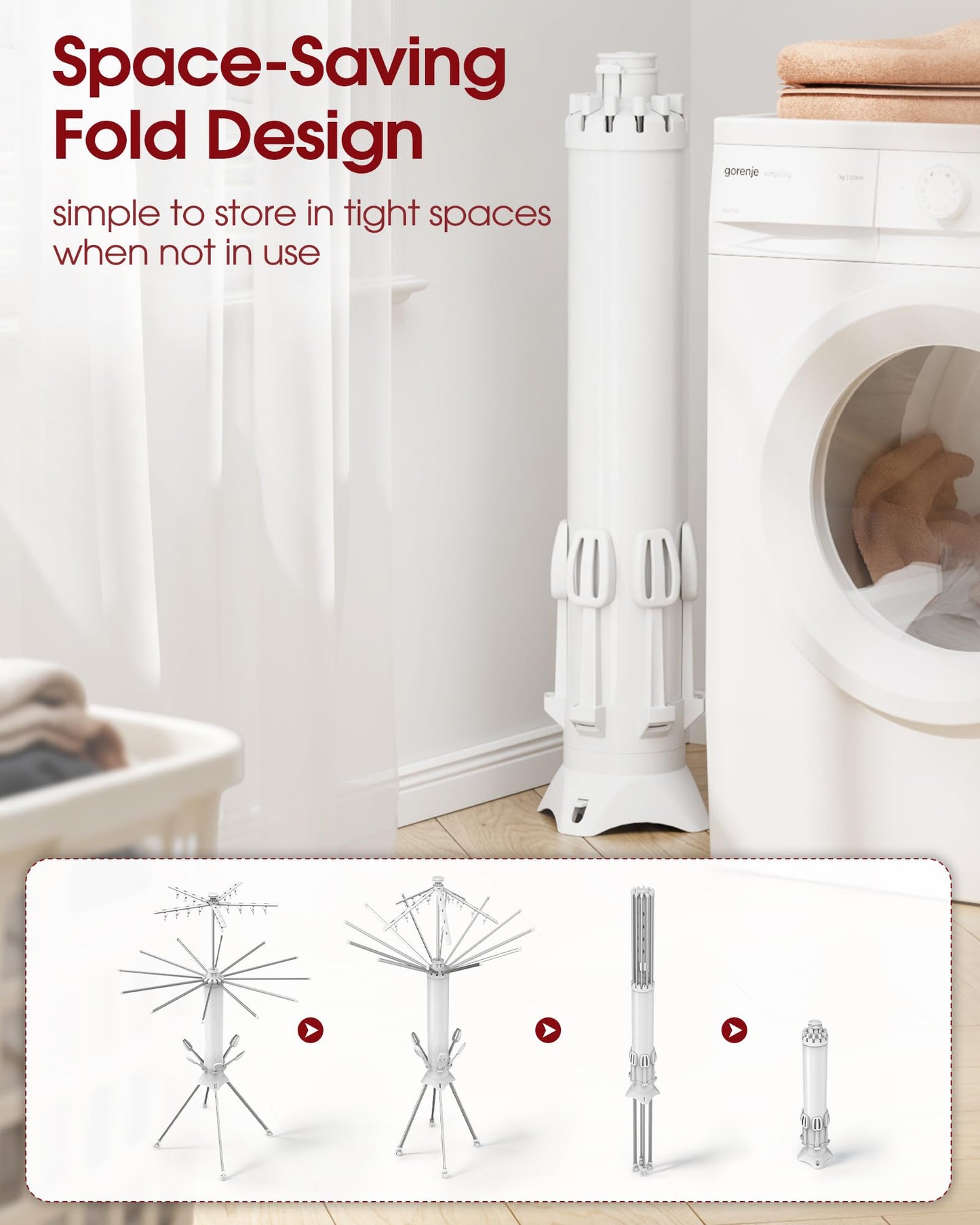 Sakugi Foldable Clothes Drying Rack – Collapsible Laundry Rack with 12 Steel Arms, 4-Leg Stable Base, Reinforced Frame with Clips & Shoe Holders for Indoor Outdoor Use, 44" D x 44" W x 71" H, White
