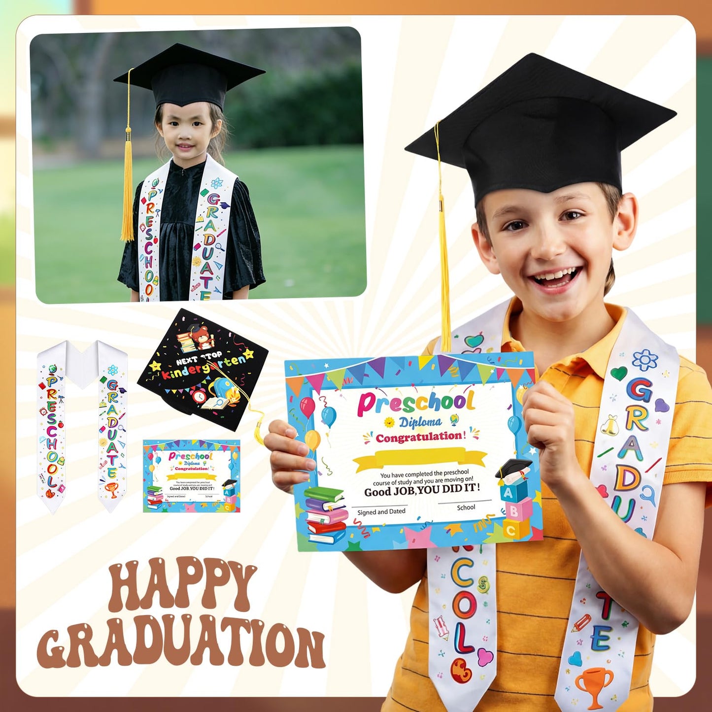 Knitgrip 36 Pcs Kindergarten Preschool Graduation Stole Caps and Diplomas Set Graduation Cap with Tassel Graduate Sash and Diploma Unisex for Kids Boys Girls (Preschool)