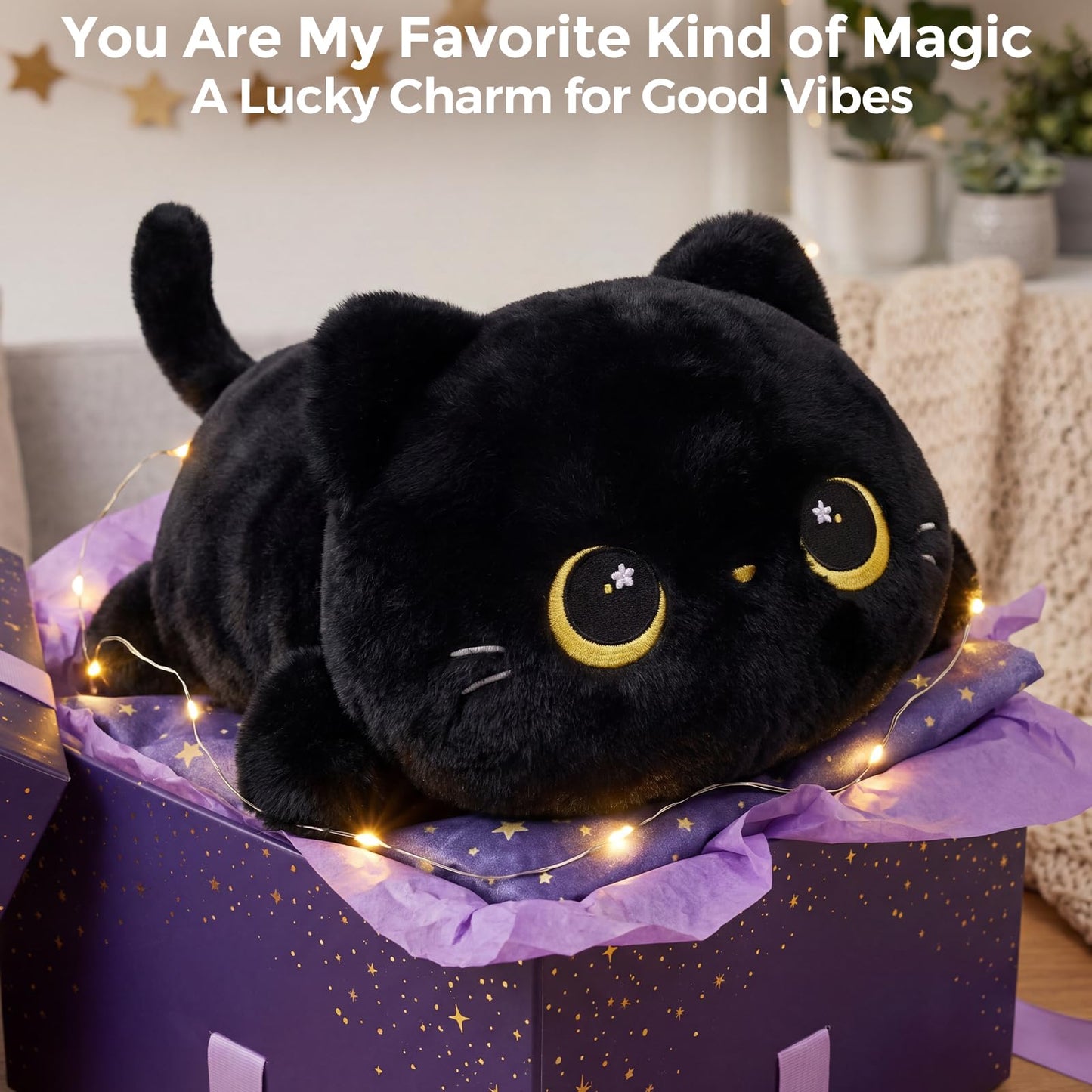 Cute Black Cat Plush Pillow, Kawaii Plushies Black Cat Stuffed Animals, Squishy Plushies, Cuddle Plush Pillow for Kids & Girls (20 Inch)