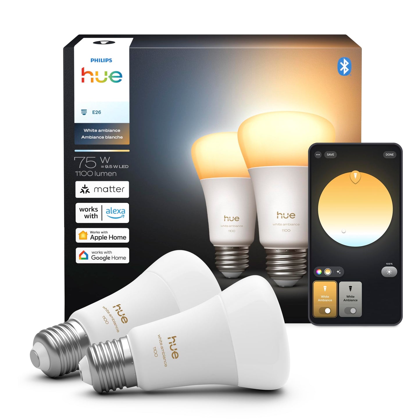 Philips Hue Smart LED A19 Bulb, White Ambiance, E26 Base, 9.5W, Full Spectrum Light 1000K-20000K, 1100 Lumens, Dimmable, Works with Alexa, Google, and Apple Home, 2pk
