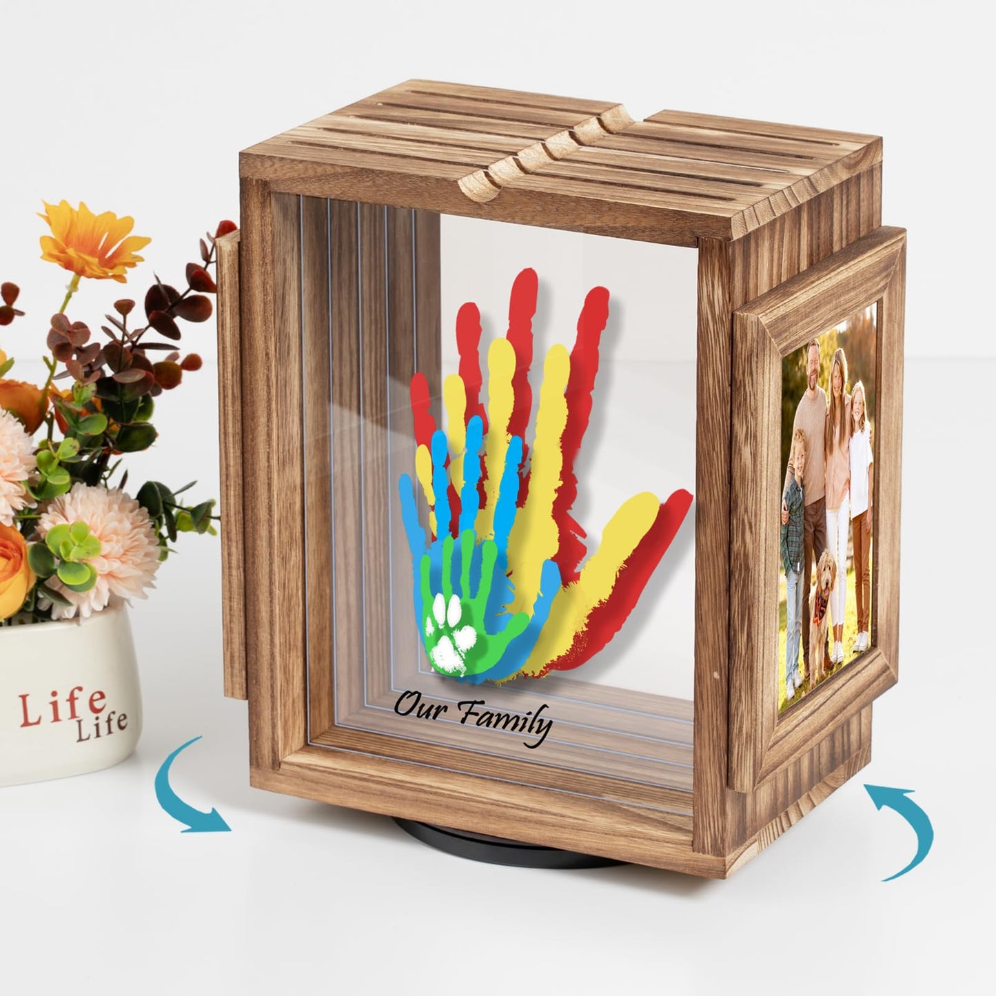 Emfogo 360 Rotating Family Handprint Kit, DIY Craft Keepsake Wooden Frame, Baby Footprint Kit, 5 Paint Colors Included, Non-Toxic Paints&Transparent Sheets, Gifts for Handprint Family Keepsake（Brown）