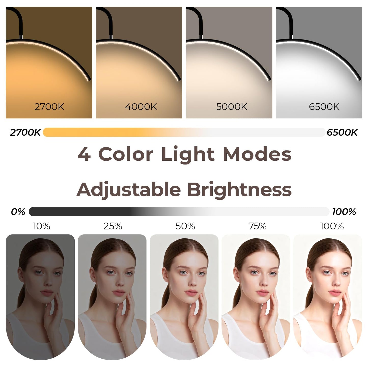 young master Half Moon Lash Light, 24W 1500LM Dimmable LED Floor Lamp with Adjustable Height for Lash Techs, Tattoo & Nail Artists, 4 Color Modes, Phone Holder & 2 Trays