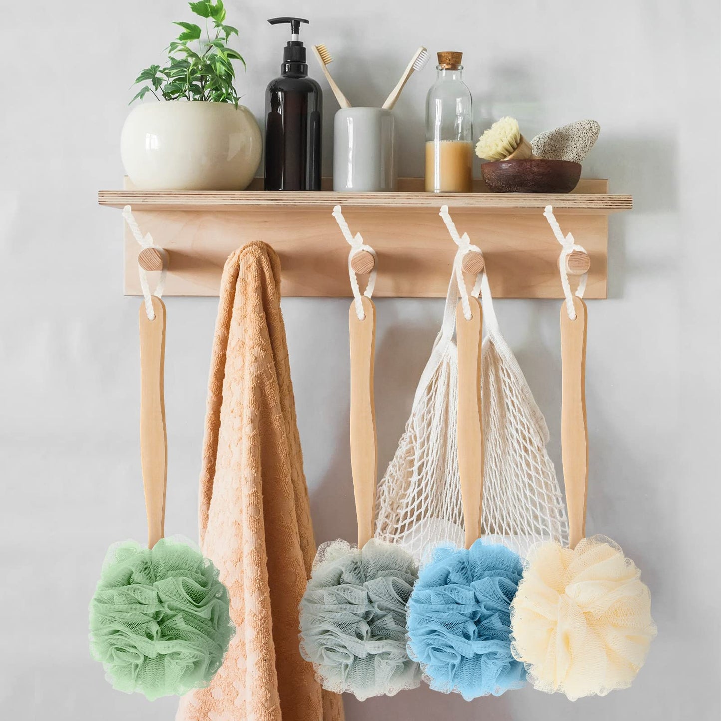 12 Pieces Large Loofah on a Stick Shower Loofah with Long Handle Back Scrubber for Shower PE Body Bath Sponge Soft Spa Mesh Brush Wash Exfoliating Luffas for Men Women, 4 Colors
