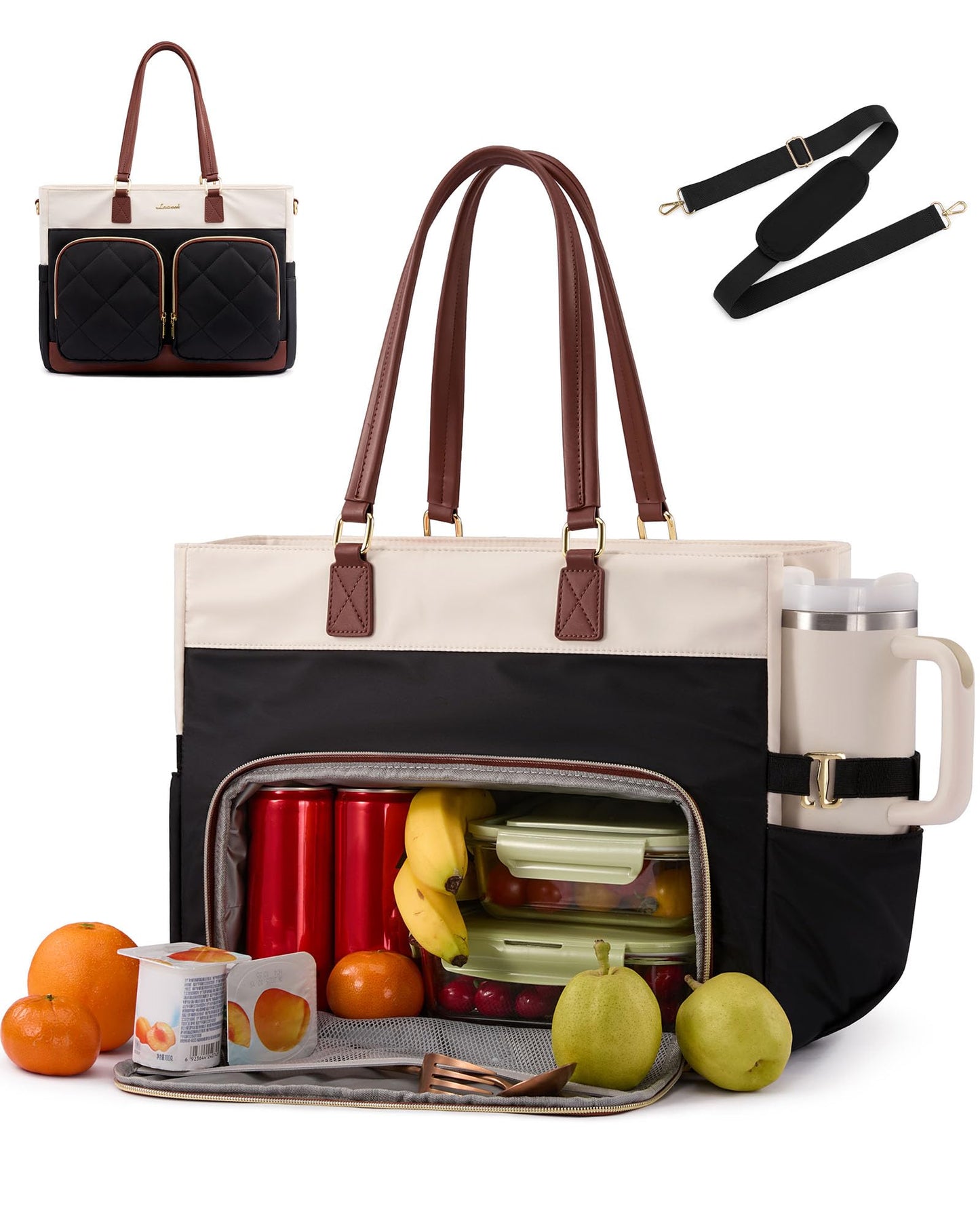 LOVEVOOK Work Tote Bag with Lunch Compartment & Cup Holder, 15.6" Laptop Lunch Bag Combo for Women,Large Work Tote for Teacher, Nurse & Office Commuter