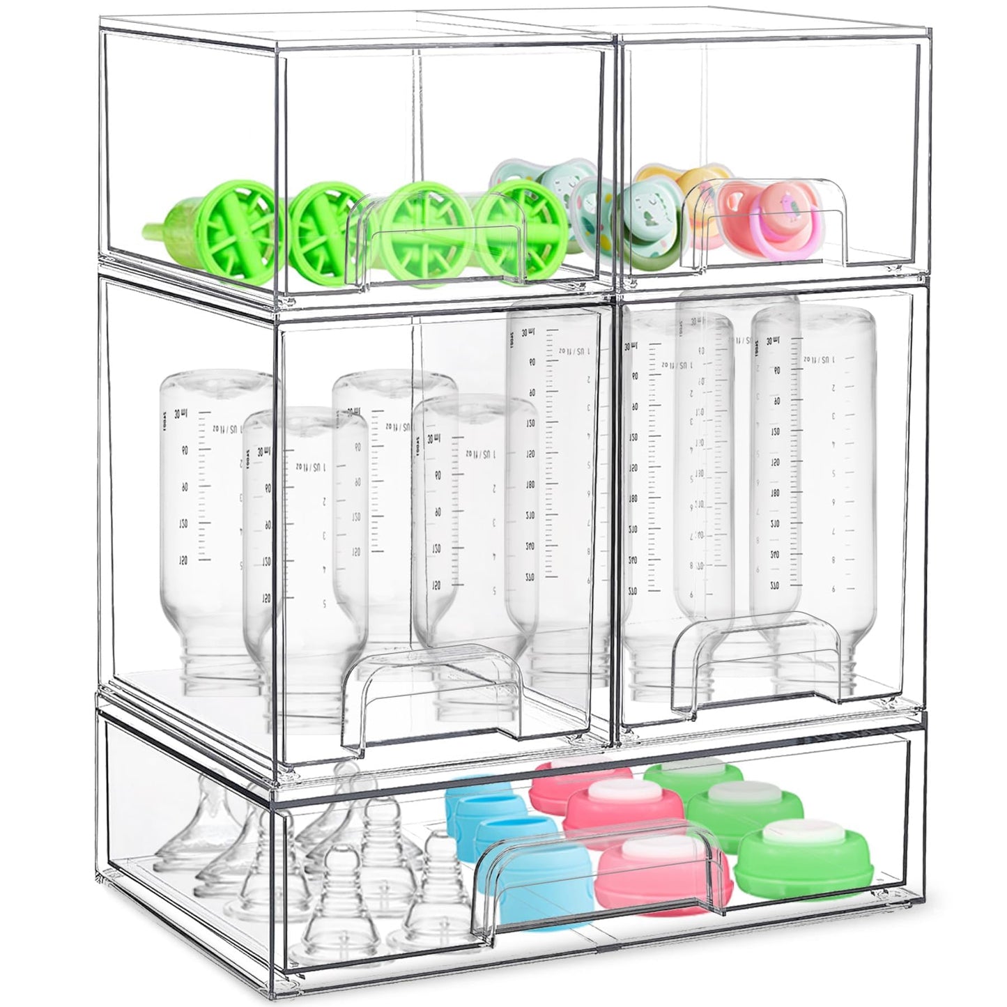 Baby Bottle Organizer for Countertop with Dust Protection, 5Pack Stackable Baby Organizers and Storage for Bottles, Clear Acrylic Container with Drawer for Kitchen, Cabinet, Vanity, Bathroom, Pantry