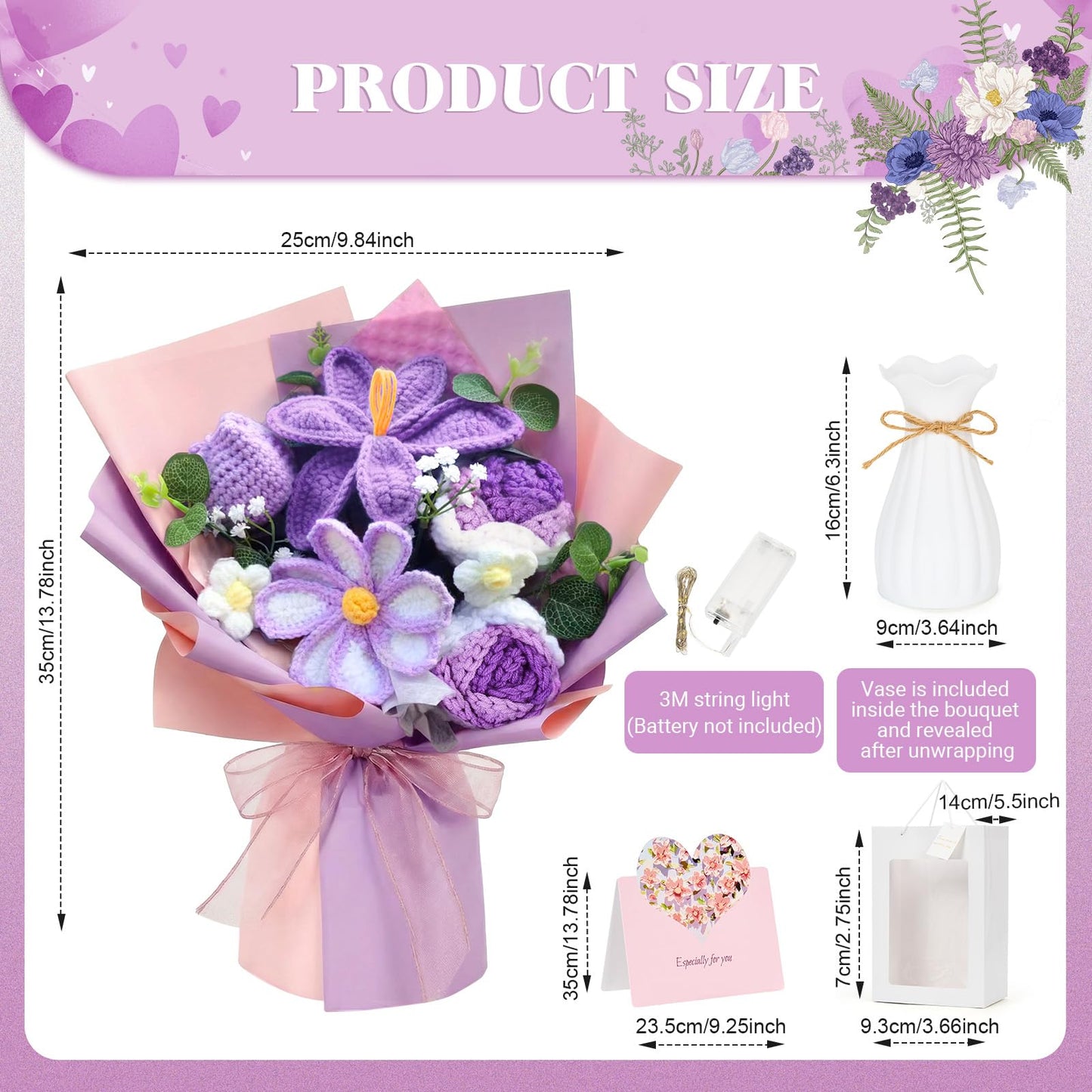 Crochet Flower Bouquet, Purple Handmade Knitted Flowers with Lights & Vase Crochet Tulips Galsang Liliy Rose Daisy Flower for Mothers Day Graduation Wedding Lover Teacher Anniversary Birthday Gift