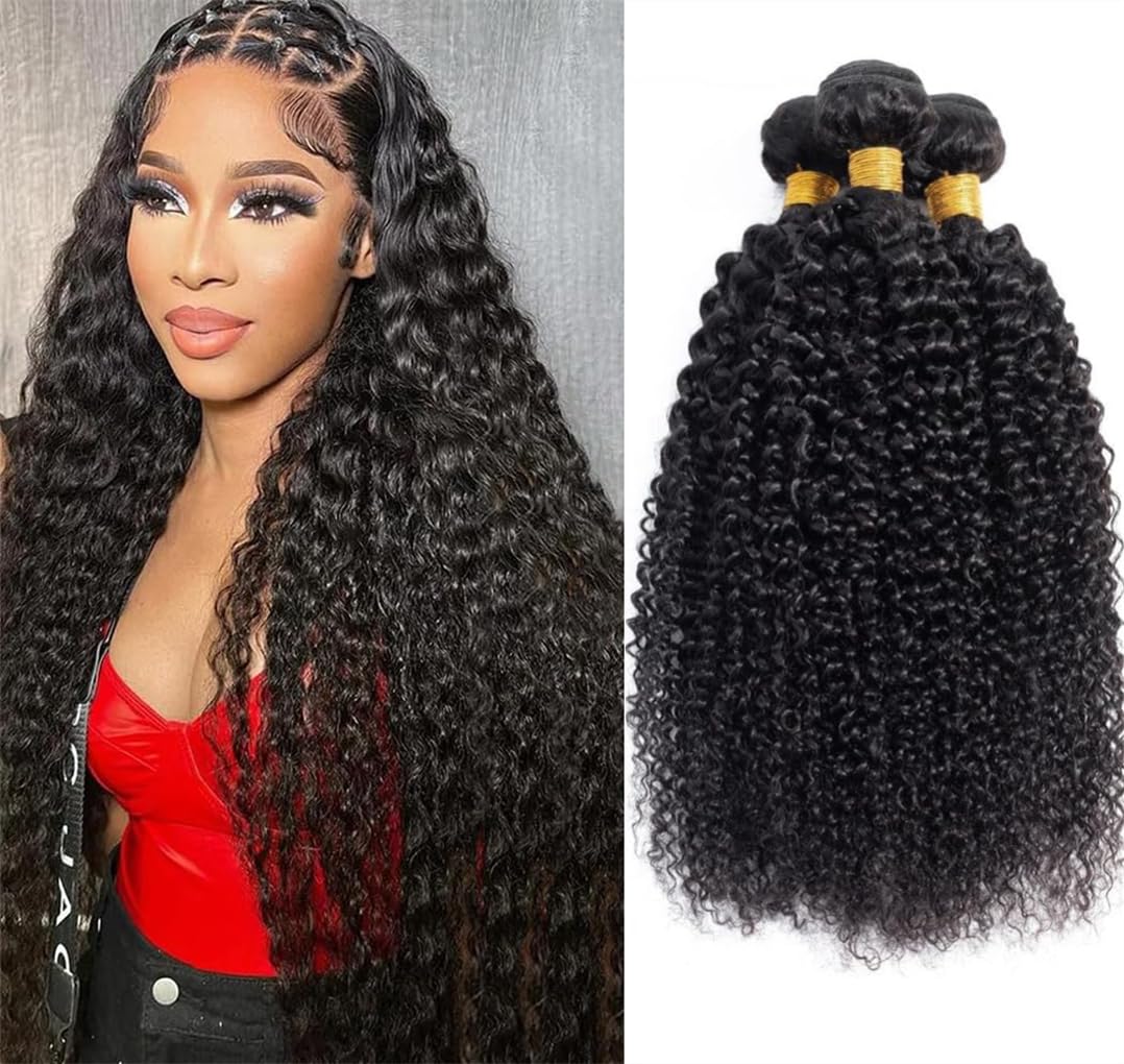 Ladiaryf Curly Weave Bundles Human Hair Brazilian Kinky Curly 3 Bundles Human Hair 300g Bundles 100% Unprocessed Virgin Hair Kinky Culry Bundles Double Weft Hair Bundles Natural Black 14 16 18 Inch