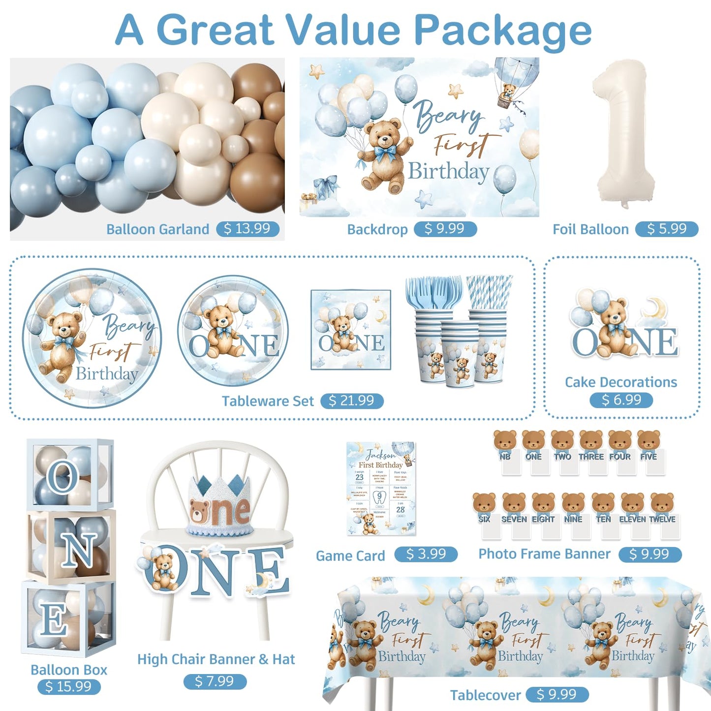 232 Pcs Beary First Birthday Decorations, Teddy Bear One Year Old Birthday Balloon Garland, Banners, Baby First Teddy Bear Backdrop, Plates and Napkin Set 2 Pcs Bear Tablecloth Blue Brown and White