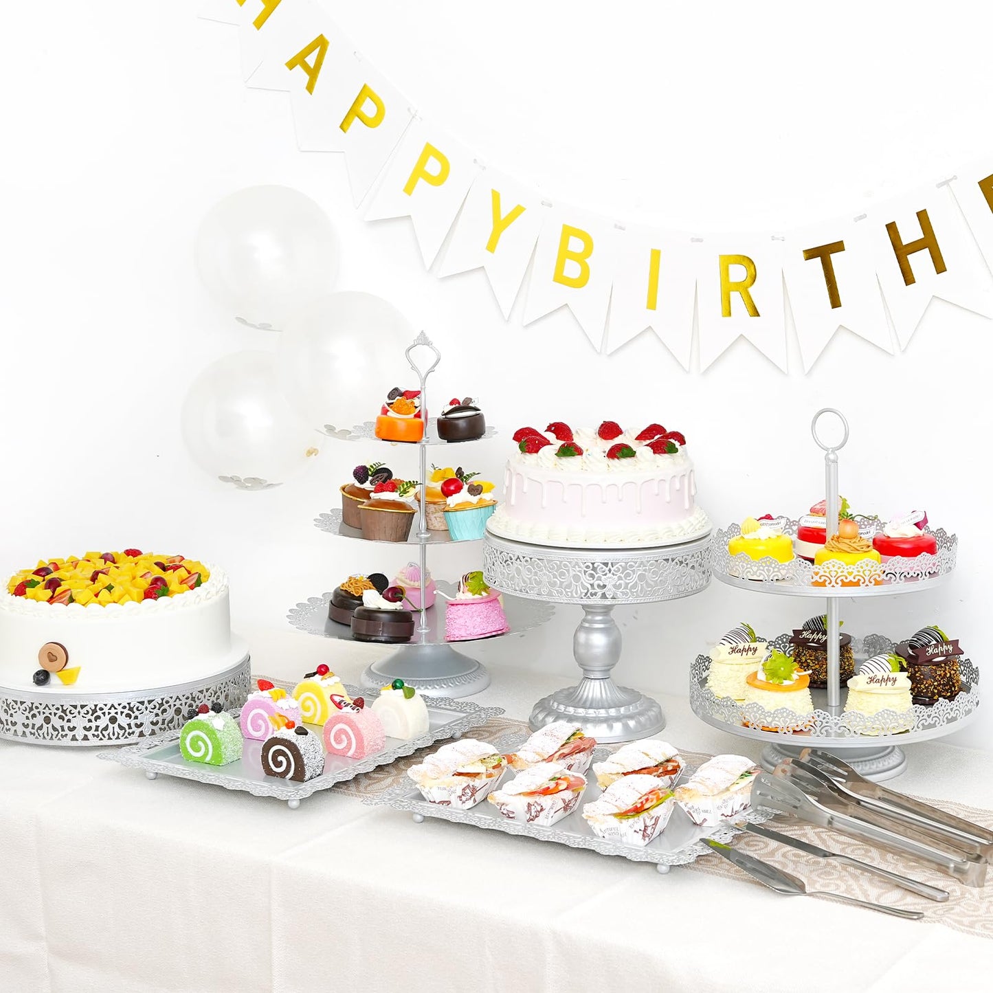 Aofure 11 Pcs Silver Metal Cake Stand Set, Dessert Table Display Set for Party, Cupcake Stand and Candy Table Display Sets for Wedding, Birthday Celebration