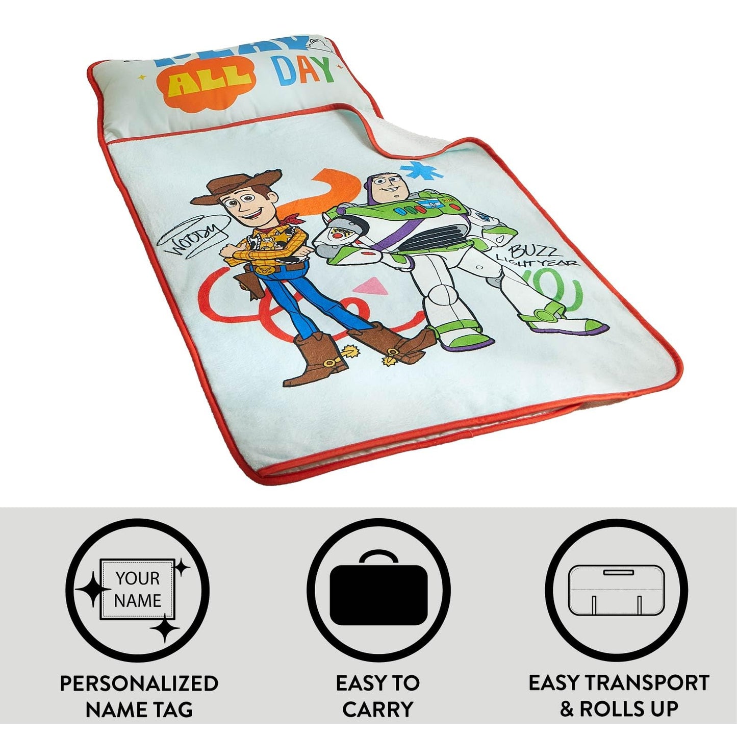 Disney Pixar Toy Story Toddler Nap Mat with Pillow & Blanket, Soft Quilted Kids Sleep Mat, Portable 20” x 46” Nap Pad for Daycare, Preschool, Travel & Naptime
