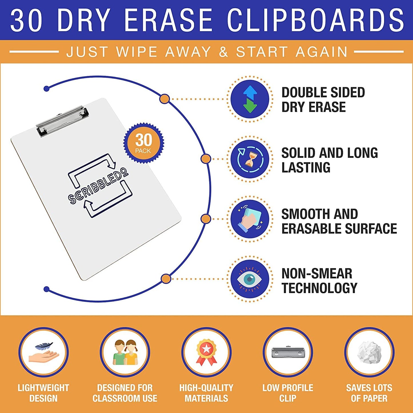 SCRIBBLEDO 30 Pack Double Sided Dry Erase Clipboards 9"x12" Durable Clipboards Bulk with 30 Dry Erase Erasers, Clipboard with Low Profile Clip for School, Classroom and Home Use