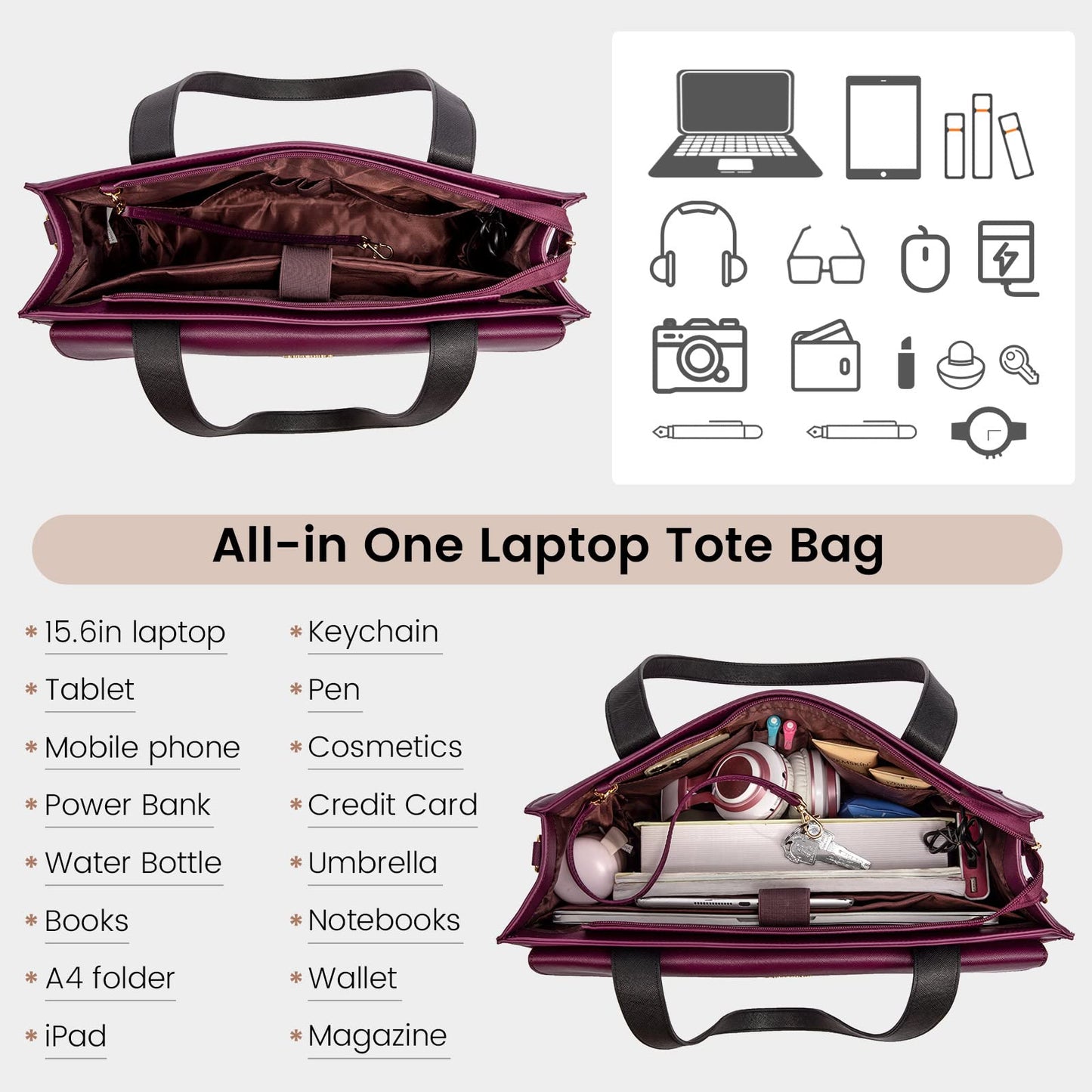 LOVEVOOK Laptop Bag for Women 15.6 Inch Laptop Tote Work Bag Professional Leather Computer Briefcase Waterproof Business Teacher Office Bag Handbag
