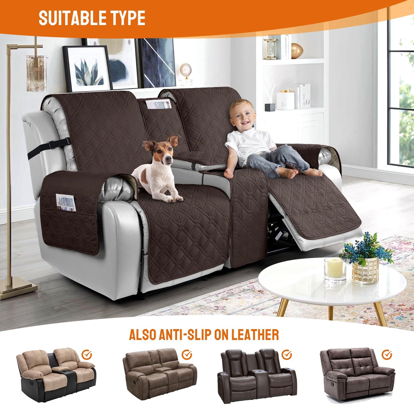 VANSOFY Loveseat Recliner Cover with Console 100% Waterproof Sofa Slipcovers Non-Slip Reclining Couch Covers Split Sofa Cover Furniture Protector for Pets, Dogs(Chocolate)