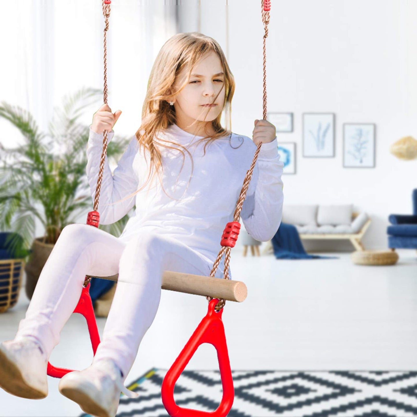 PELLOR Playground Children's Wooden Trapeze Swing Bar with Plastic Gym Rings Swing Set for Indoor & Outdoor Fun