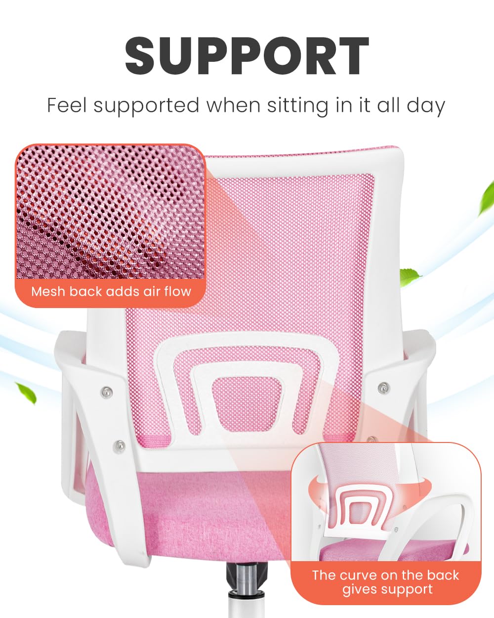 NEO CHAIR Office Desk Computer Chair Ergonomic Mesh Gaming Cushion Seat with Comfy Lumbar Mid Back Support Adjustable Height Swivel Rolling Wheels for Home Task (Pink)