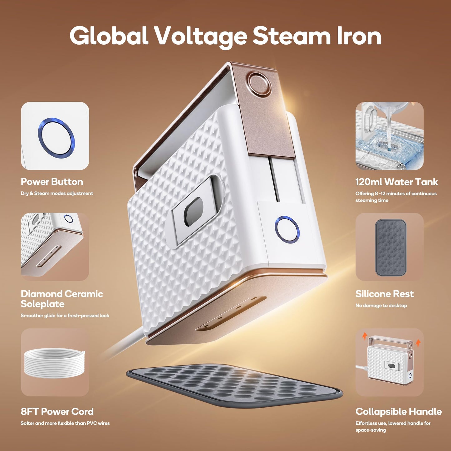 Newbealer 100-240V Travel Steam Iron, 2in1 Handheld Steamer, 120ml (Gold)