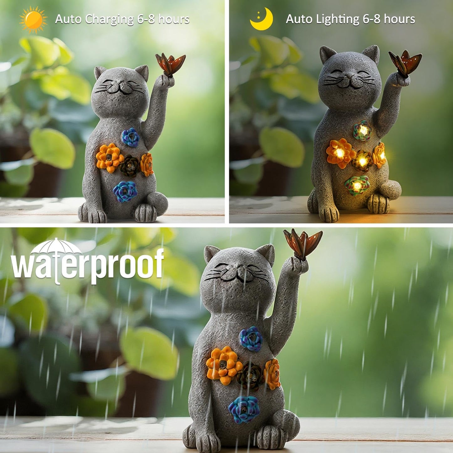 Riakrum Hide a Key Outside Cat Figurine Key Hiders Outside Garden Cat Statues Resin with Solar Light Decorations for Yard Outdoor, Housewarming Birthday Gift for Women