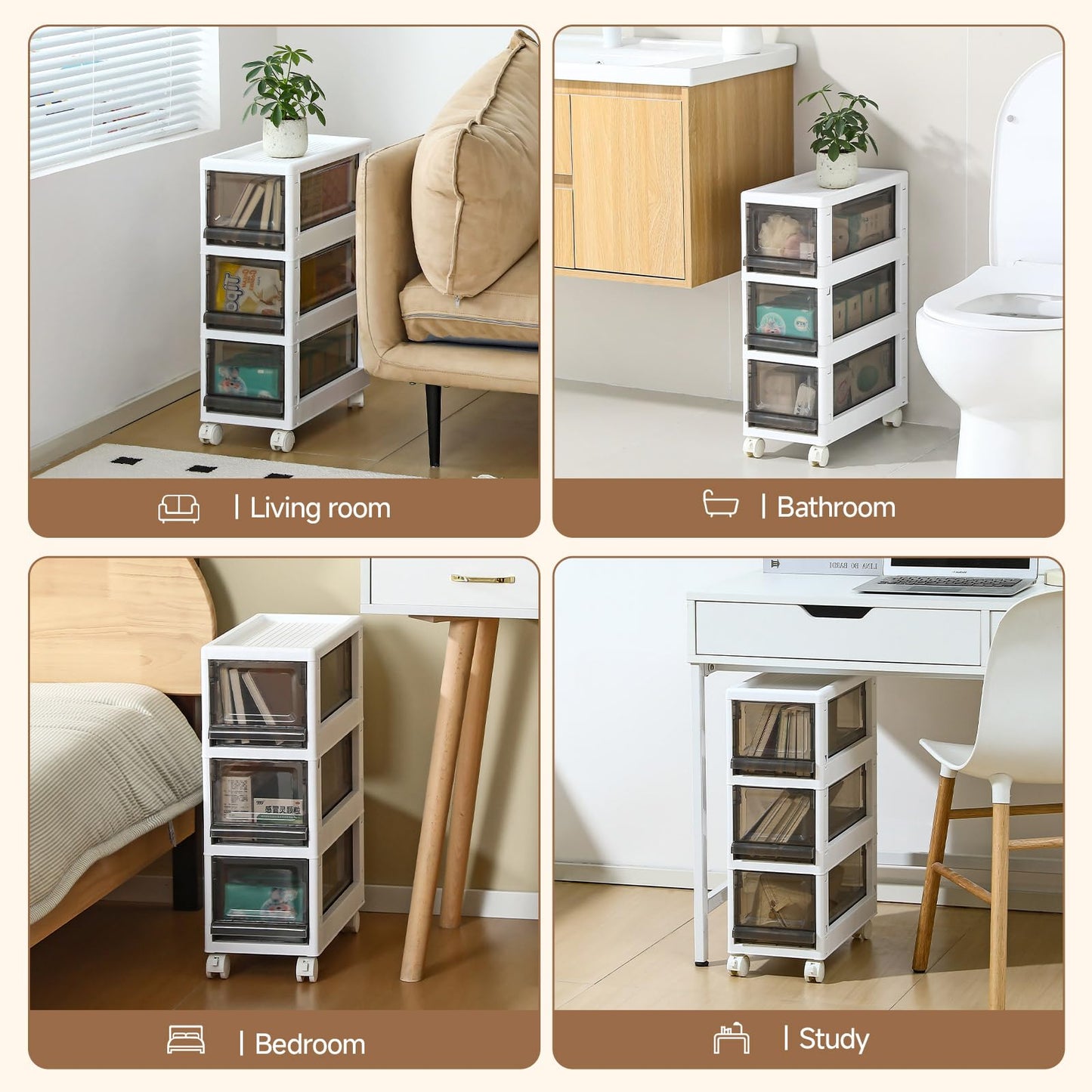 Sunamon Plastic 3 Drawer Storage Organizer, Narrow Plastic Storage Drawers with Wheels, Storage Cart with Drawers for Small and Narrow Space, 7.87-inch Wide (white)