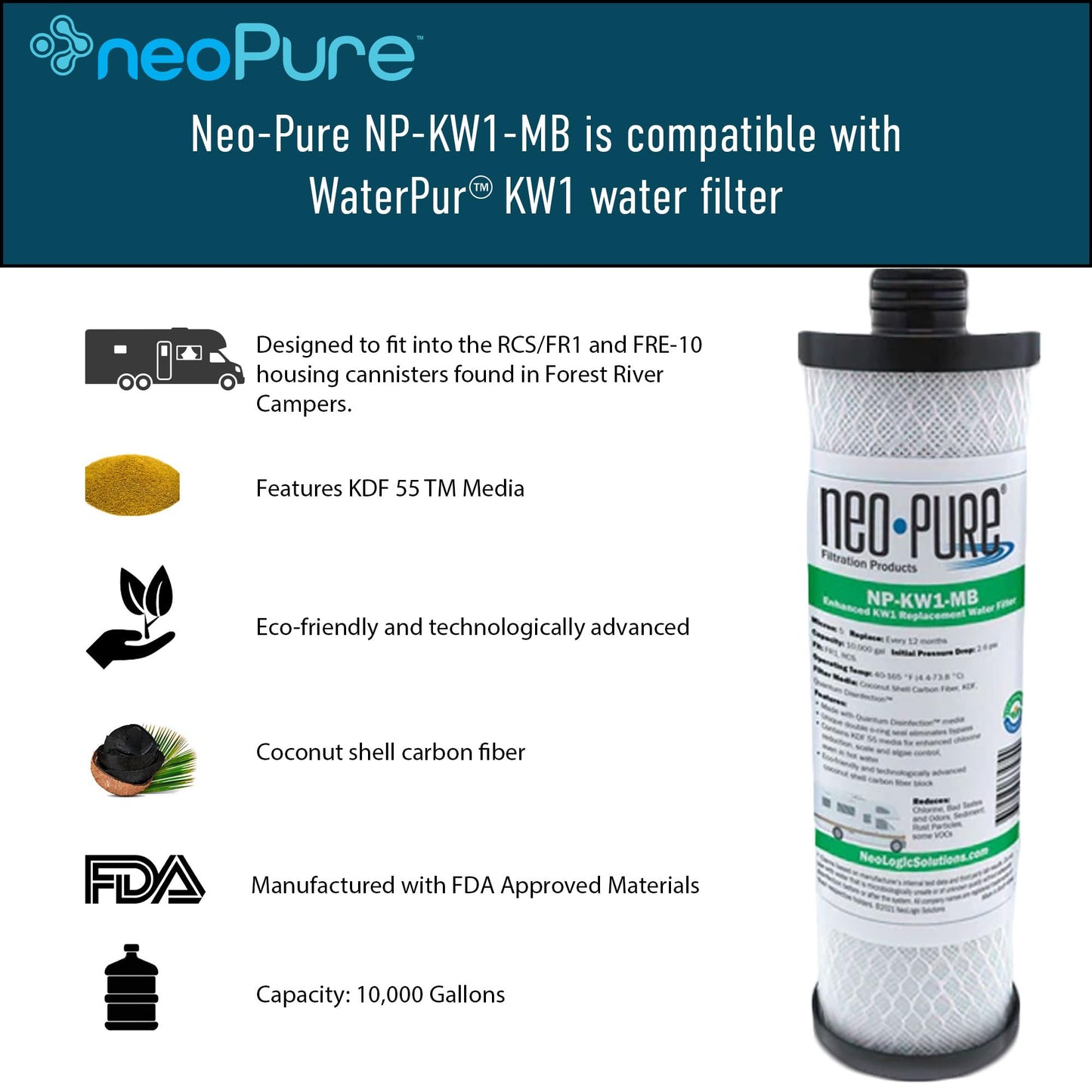 Neo-Pure NP-KW1-MB Compatible Replacement for WaterPur™ KW1 RV Water Filter- Now Available as MAX Filter- With Quantum Water Purification KDF 55 Media and Coconut Shell Carbon Fiber 2-Pack