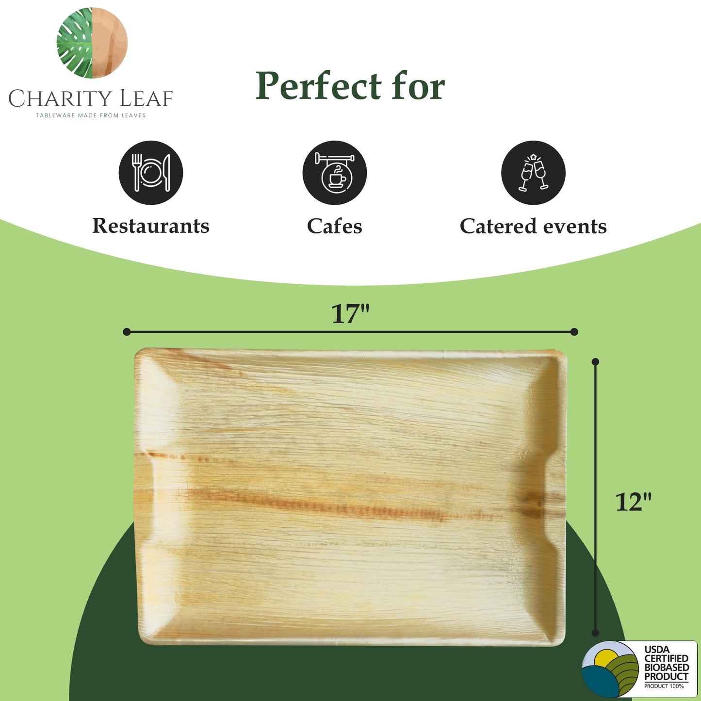 Charity Leaf Disposable Palm Leaf 17" x 12" Rectangle Trays (10 Pieces) Bamboo Like Serving Platters, Disposable Boards, Eco-Friendly Dinnerware for Weddings, Catering, Events