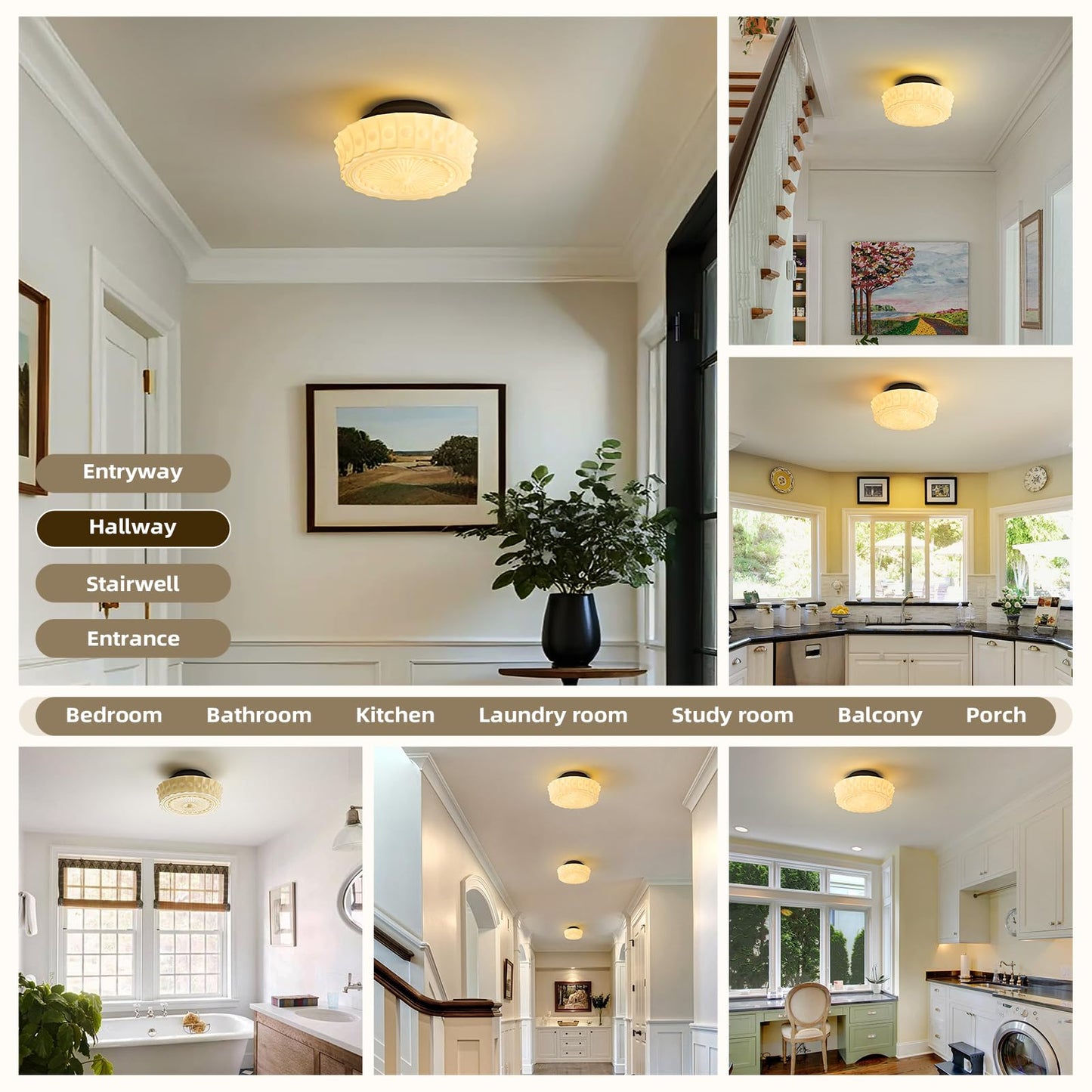 Schoolhouse Vintage Glass Ceiling Light - Small 12 Inch Cream Yellow Mid Century Modern Flush Mount Lighting Fixtures - Art Deco Lamp for Bedroom Kitchen Entryway Laundry Hallway Foyer Bathroom Hall