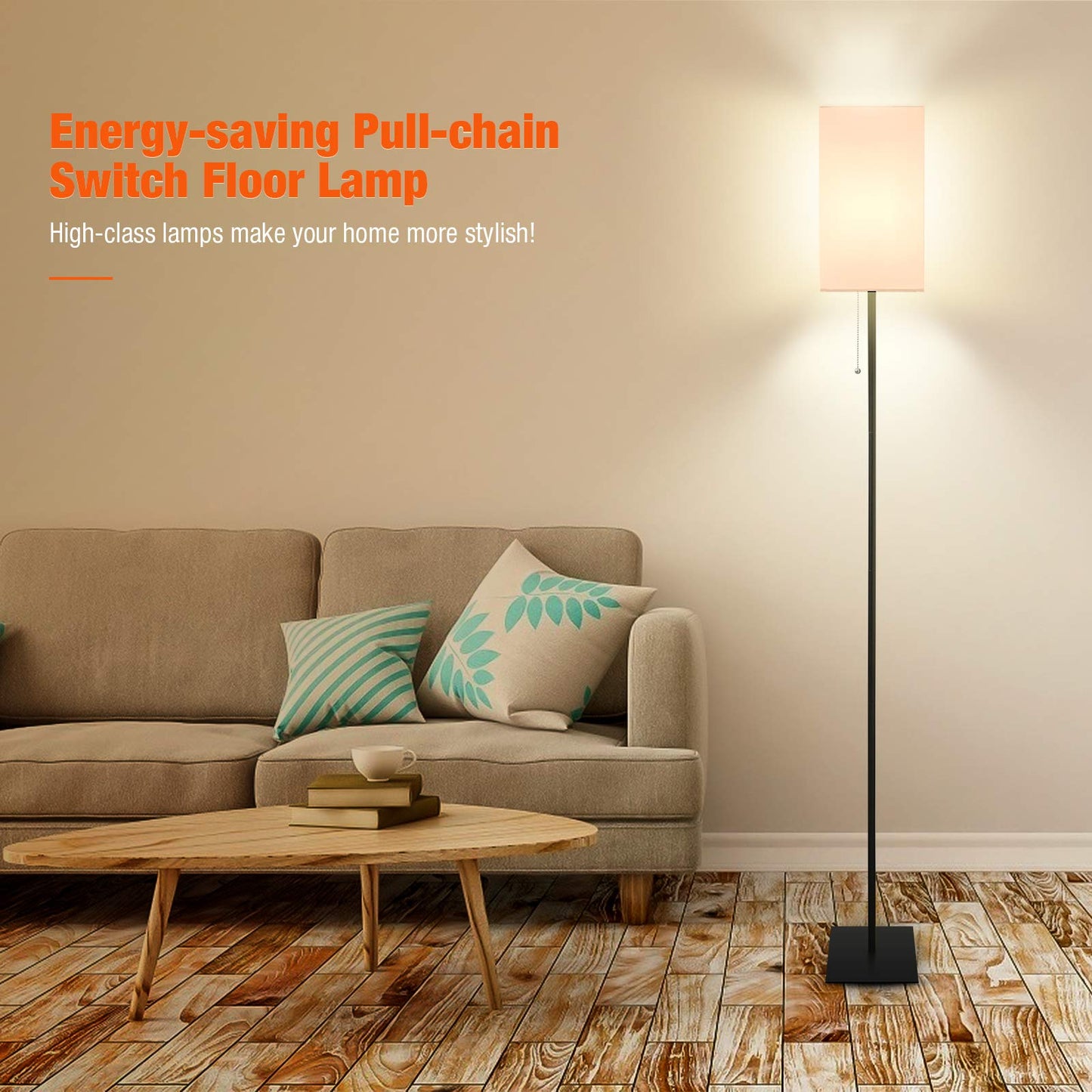 FIGDIFOR Modern Floor Lamp for Living Room, Tall Black Floor Lamp with Square Linen Shade, Pull Chain Switch and Stable Metal Base, Standing Lamp for Bedroom, Reading Nook and Office, Bulb Included