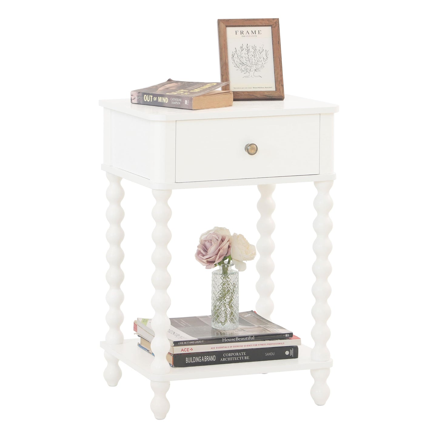 AWASEN White Nightstand, Small Side Table with Drawer for Living Room, Farmhouse End Bedside Table with Spindle Wood Legs for Bedroom, Office, White
