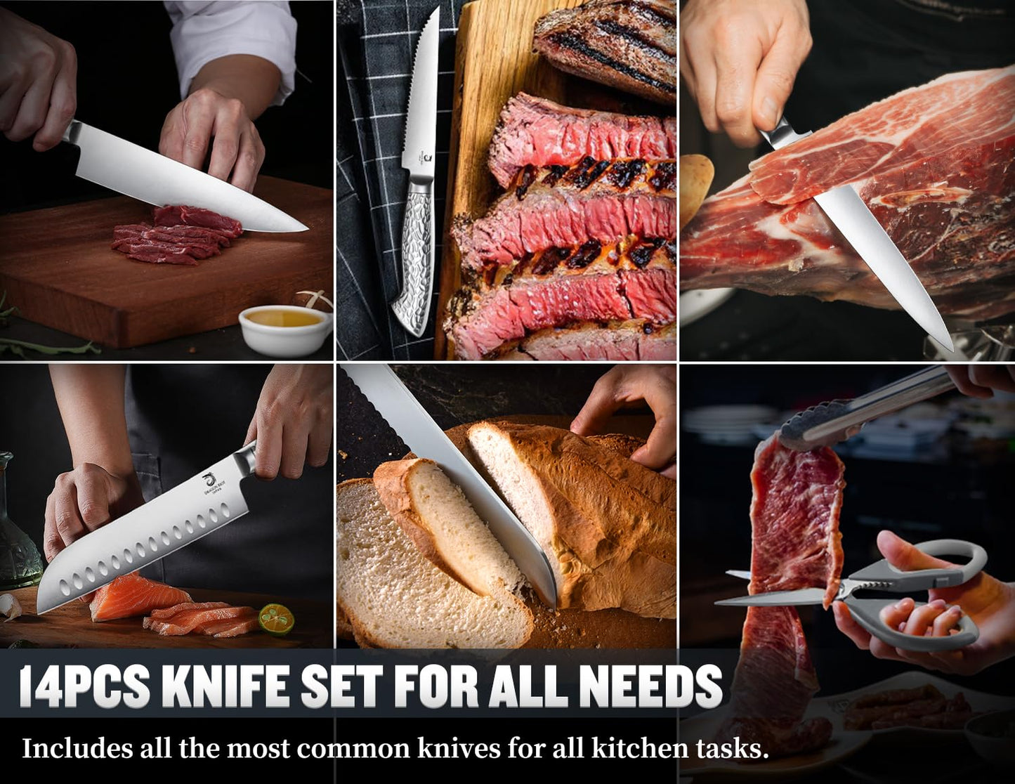 14 PCS Knife Set with Wood Block - Stainless Steel Kitchen Knife Block Set with Built in Sharpener, Dishwasher Safe, Rust Resistant, Non-Slip Ergonomic Handle - Gift for Men Women and Housewarming