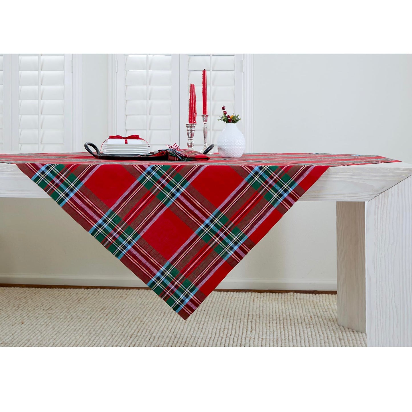 Solino Home Linen Christmas Square Tablecloth 52 x 52 Inch - 100% Pure Linen Red Madras Holiday Plaid Tablecloth - Handcrafted and Machine Washable Table Throw