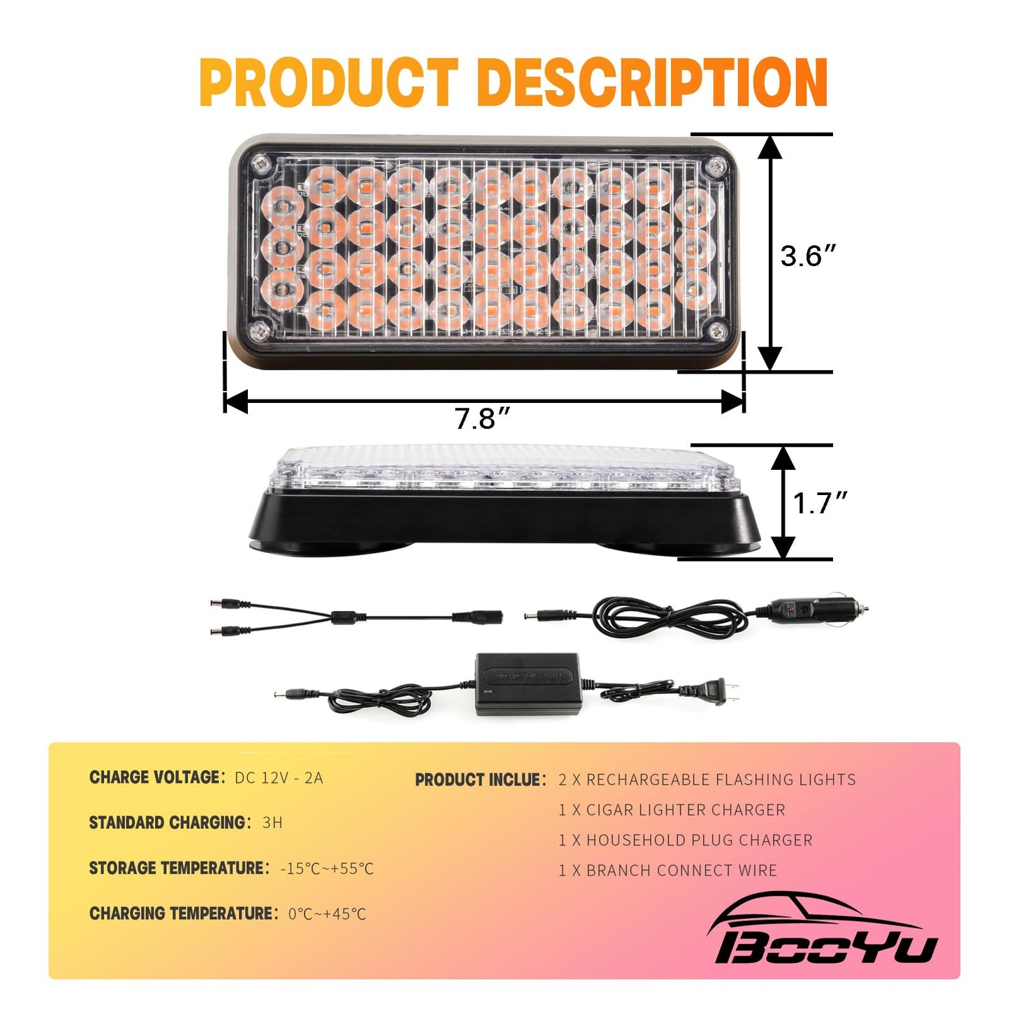 BooYu 2-Pcs Battery Operated LED Emergency Strobe Lights Bar w/Magnetic Base Rechargeable Portable Roadside Roof Top Mini Plow Flash Beacon Warning Light for Truck/Trailer/Vehicle (Amber)