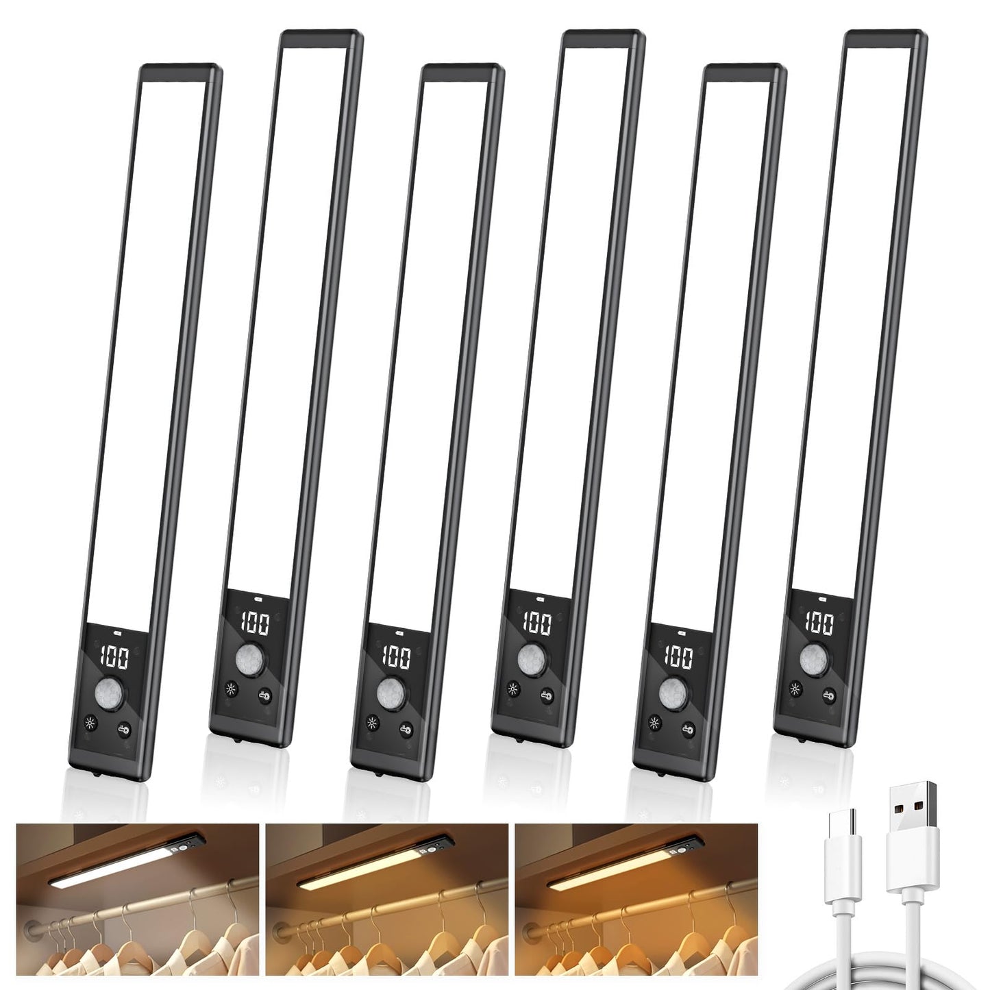 Mpotmiy 6 Pack 12" Rechargeable Motion Sensor Under Cabinet Lights with Digital Display, 2200mAh, 3 Color Temperatures, Magnetic Dimmable Closet Lights for Kitchen