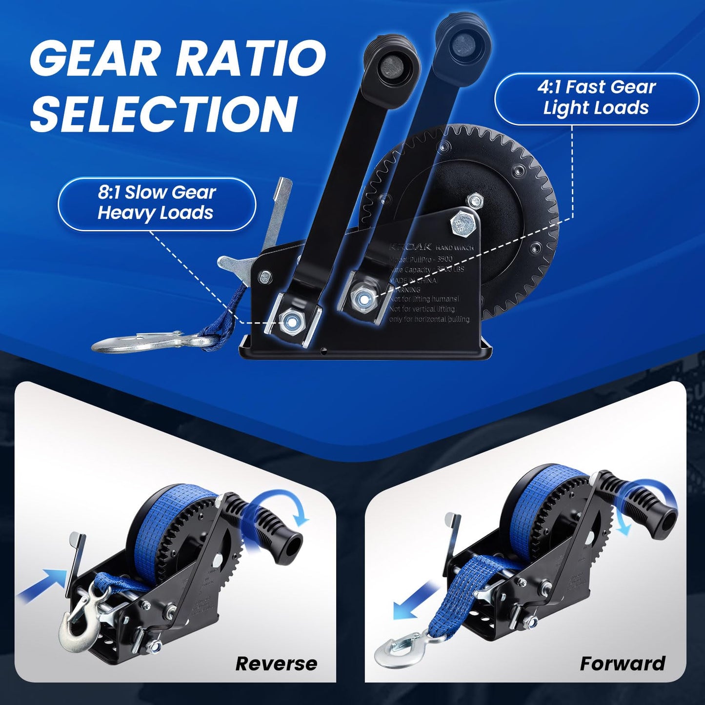 3500lbs Heavy Duty Boat Trailer Winch with 33 FT Strap, 2-Way Ratchet & 4:1/8:1 Gear Gear Ratio - Portable Hand Crank Winch for Boat, Trailer, Truck, RV, ATV, Jet Ski - Manual Winch Easy Operation