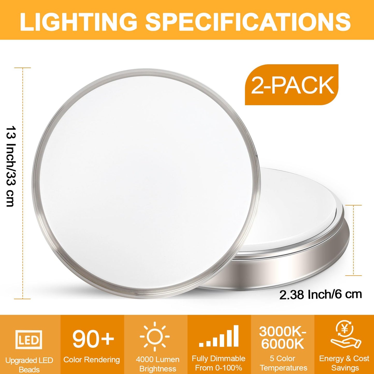 13 Inch 36W Dimmable Flush Mount LED Ceiling Lights, 5CCT (2700K-6500K) Adjustable & 4000LM Super Bright LED Ceiling Light Fixtures, Brushed Nickel Modern Ceiling Lamp for Bathroom Hallway, 2-Pack