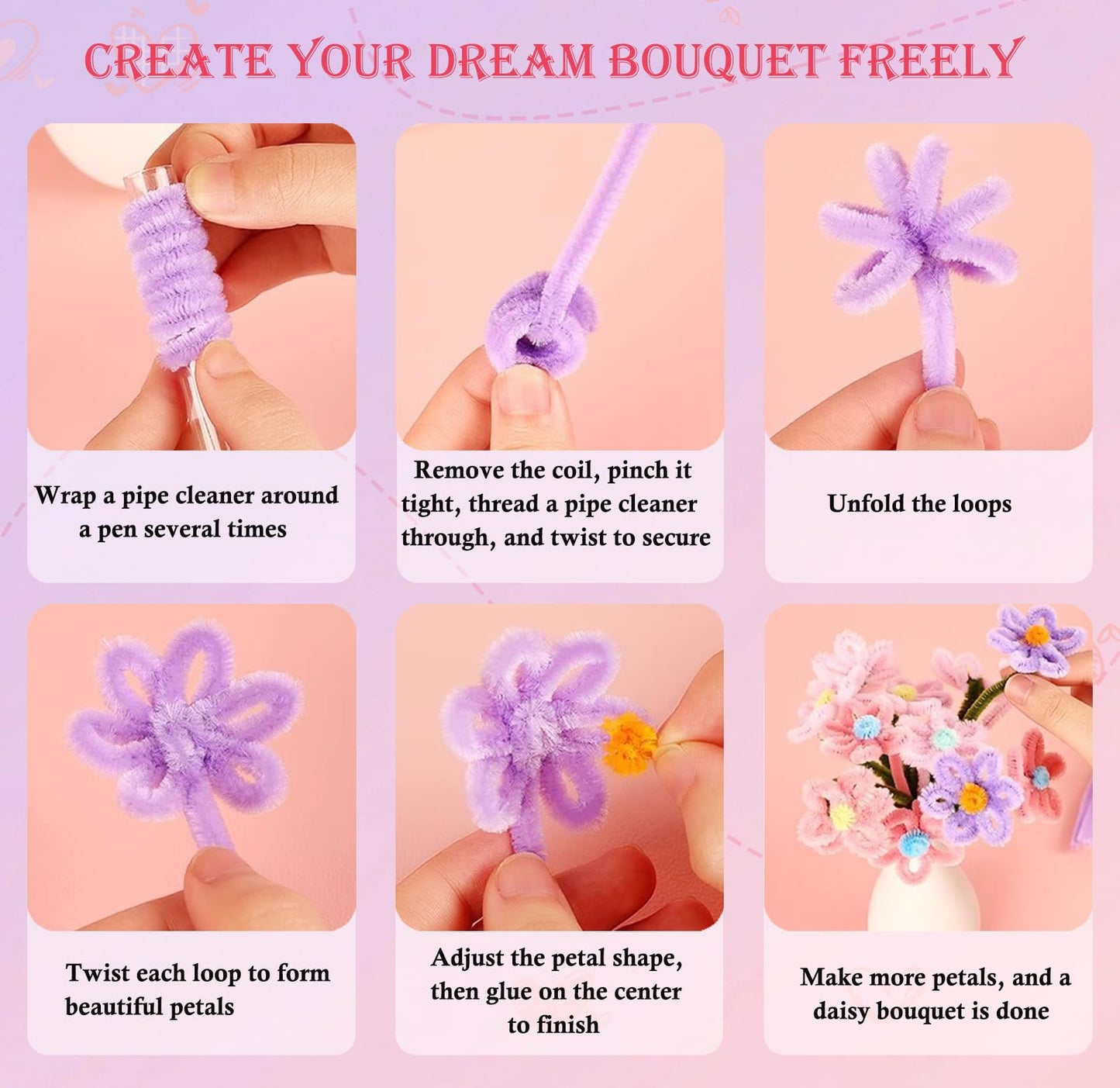 800 PCS Pipe Cleaner Flower Kit, DIY Pipe Cleaners Bulk Craft Bouquet Making Kit with 13 Colors Chenille Stems, Floral Wires, Stamen, Ribbon, Instruction, Art and Craft Supplies
