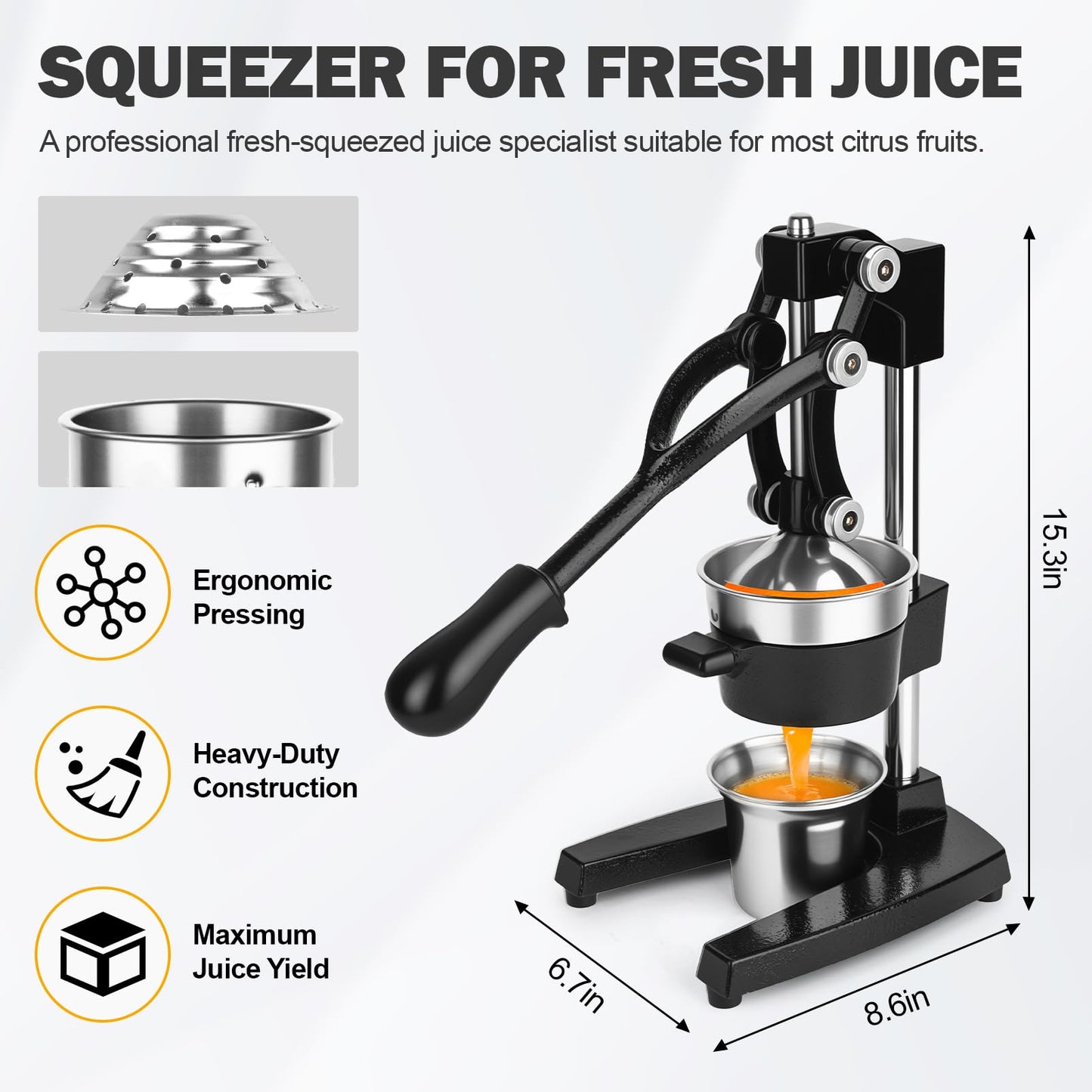 YDXHXH Lemon Squeezer Manual Citrus Juicer Press, Heavy Duty Cast Iron Orange Juicer with Stainless Steel Cone, Commercial Lever Juice Press for Lemon, Lime & Citrus Fruits, Easy to Clean