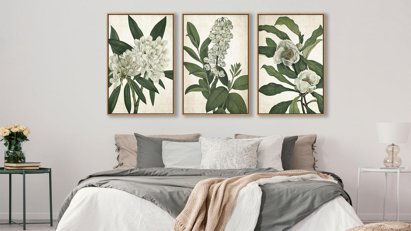Large Framed Canvas Wall Art - Natural Float Framed White Flowers Green Leaves Pictures Decor Simple Botanical Plants Artwork for Living Room Bedroom Kitchen Home Office Decoration 48" X 24" Set of 3
